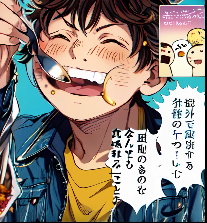 a anime of a boys manga, brown hair color, eating, spoon, jacket, closed eyes, text speech manga, color manga, manga color, color manga, color manga panel, simple background