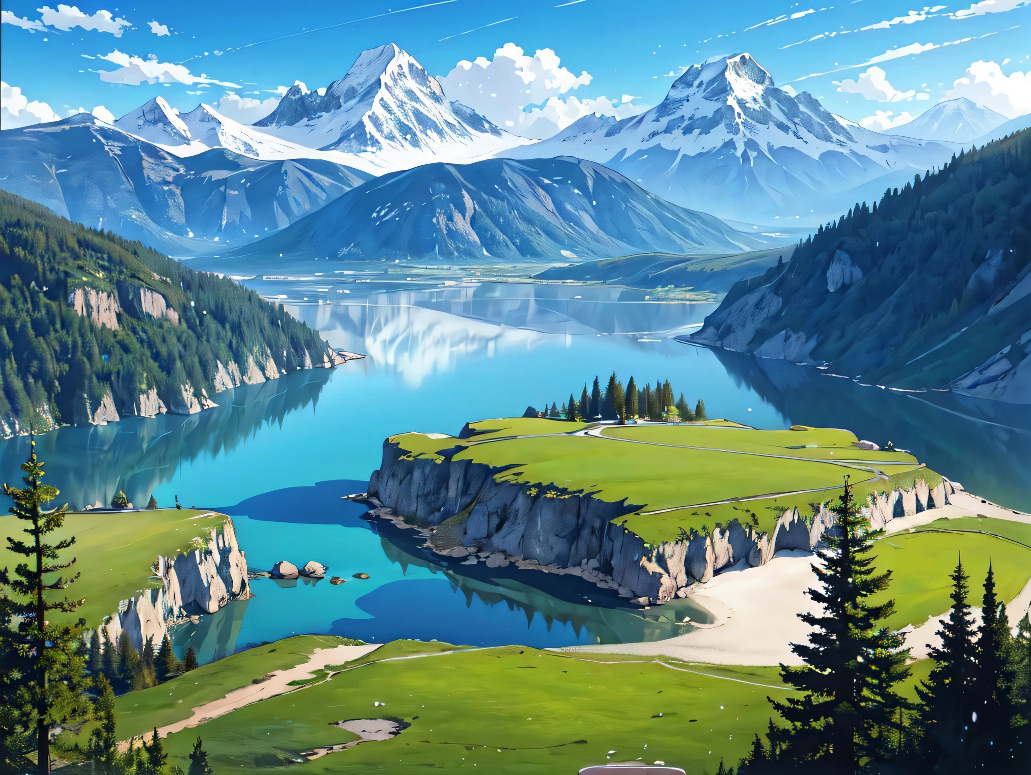 masterpiece anime landscape with mountains hills and a lake