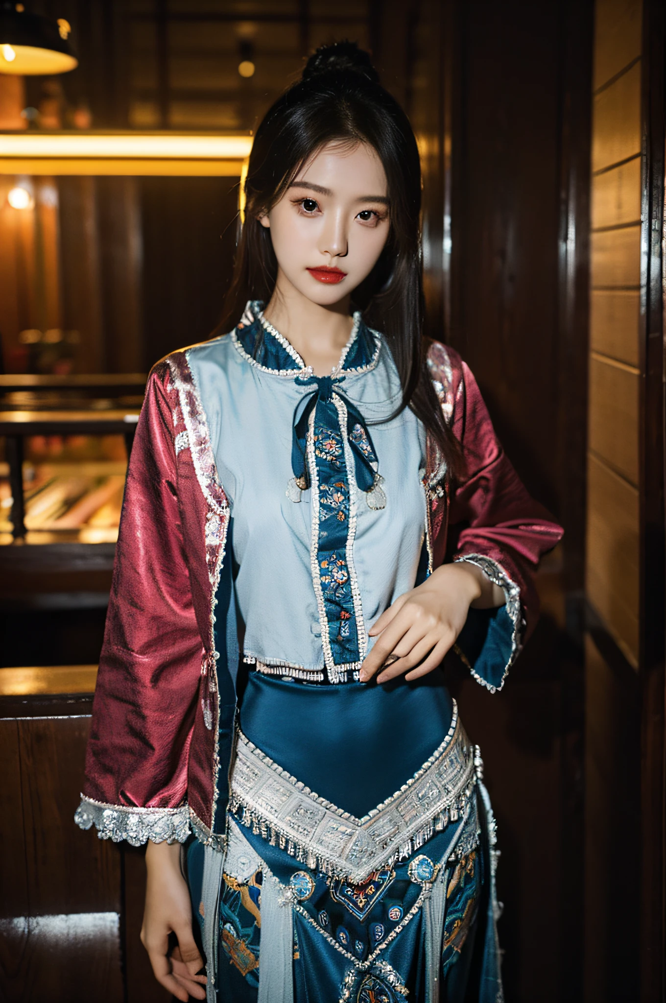 （Hyperrealistic,）4K,35mm，hyper-high detail, Professional lighting, Best quality, Ultra-high resolution, Visually stunning, (1girll:1.3),  （HmongCostume）,realskin,（Perfect body 1.3）Ultra-delicate face。