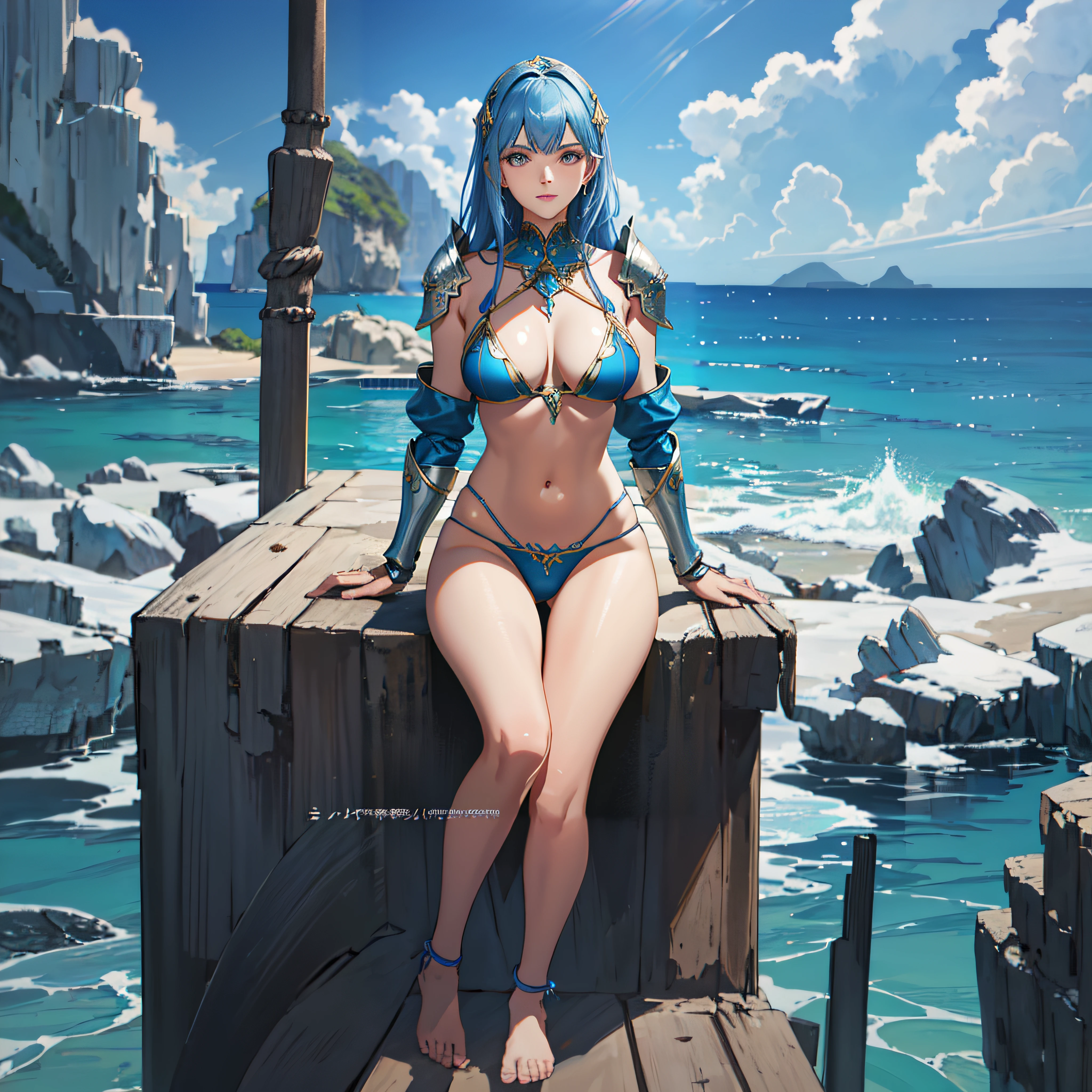 Araki woman in blue bikini sitting on a windowsill by the water, bikini armor, ornate bikini armor, bikini armor, bikini armor female knight, bikini armor, blue bikini, realistic bikini, Extremely detailed Artgerm, 4 K detail fantasy, Blue armor, swimsuit, pale blue armor, Metal bikini, Armor Girl, thicc, :: rossdraws
