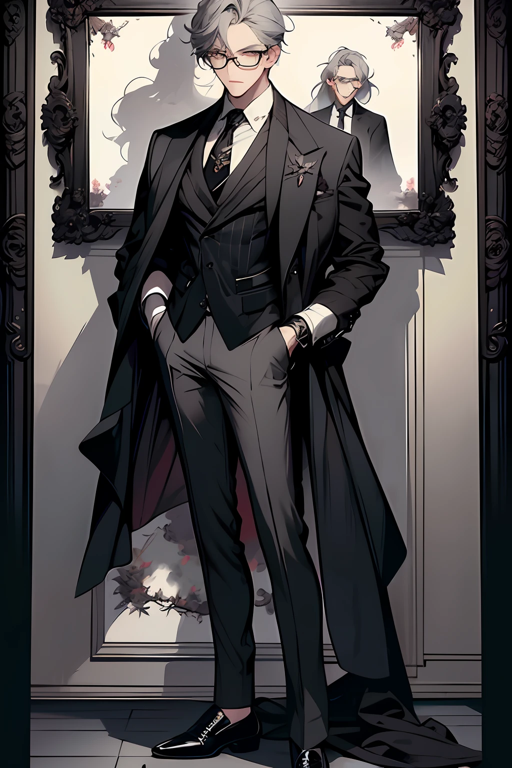 hyper-high detail，light grey hair，Black framed glasses man，Wearing a gorgeous black suit，Black leather shoes，A black blazer is draped over the body，Full body standing painting，DIABOLIK LOVERS PAINTING STYLE，Wears a gray vertical striped shirt and tie，Handsome looking anime characters, official character illustration, quadratic element