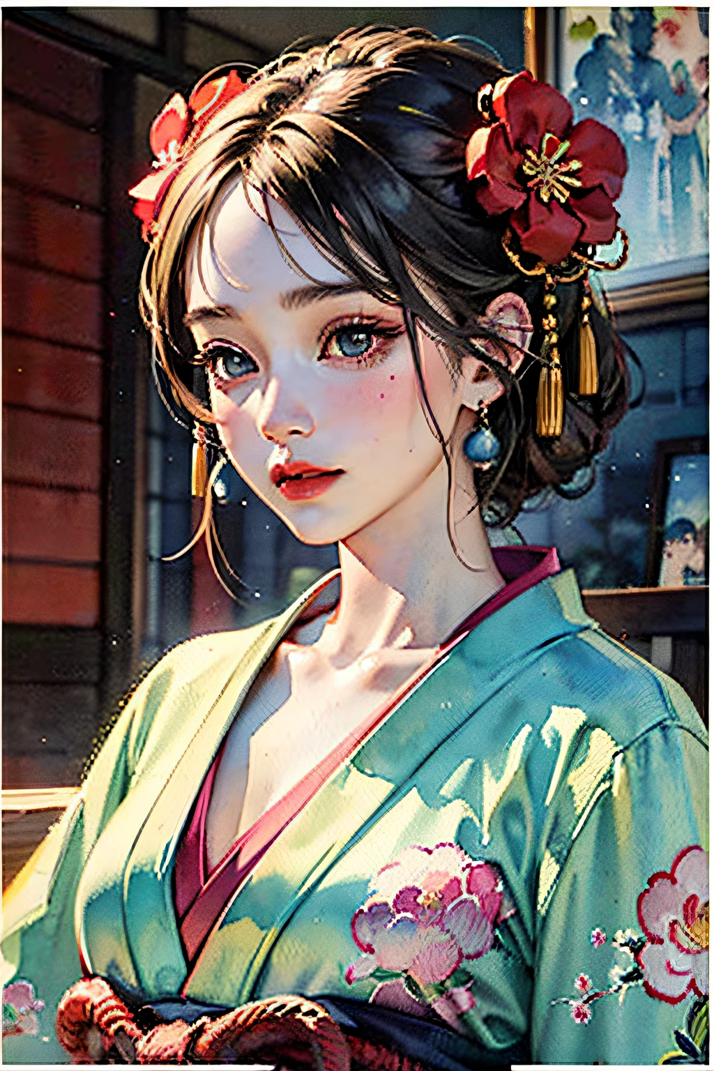 (masterpiece:1.2, best quality), (very detailed face, real picture, realistic skin, realistic body, intricate details), solo, 1milf, casual,ukiyo-e, (Watercolor:1.3), Oiran,
