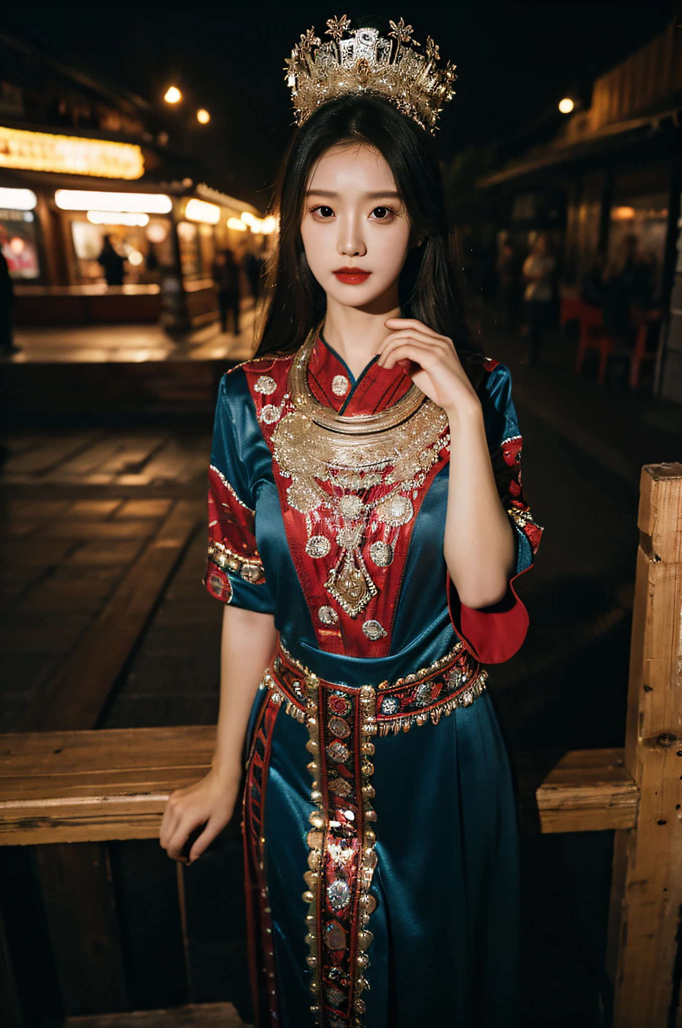 （Hyperrealistic,）4K,35mm，hyper-high detail, Professional lighting, Best quality, Ultra-high resolution, Visually stunning, (1girll:1.3),  （HmongCostume）,realskin,（Perfect body 1.3）Ultra-delicate face。