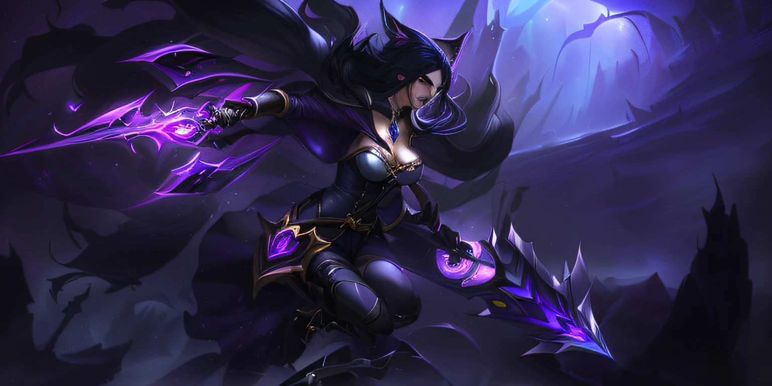 Alphad image of a woman dressed in purple and black and a purple cloak, Irelia, Morgana, leblanc, League of Legends concept art, Splash Art, Katarina, ahri, league of legends character art, League of Legends character, Official Splash Art, morgana from league of legends, league of legends art, league of legends splashart