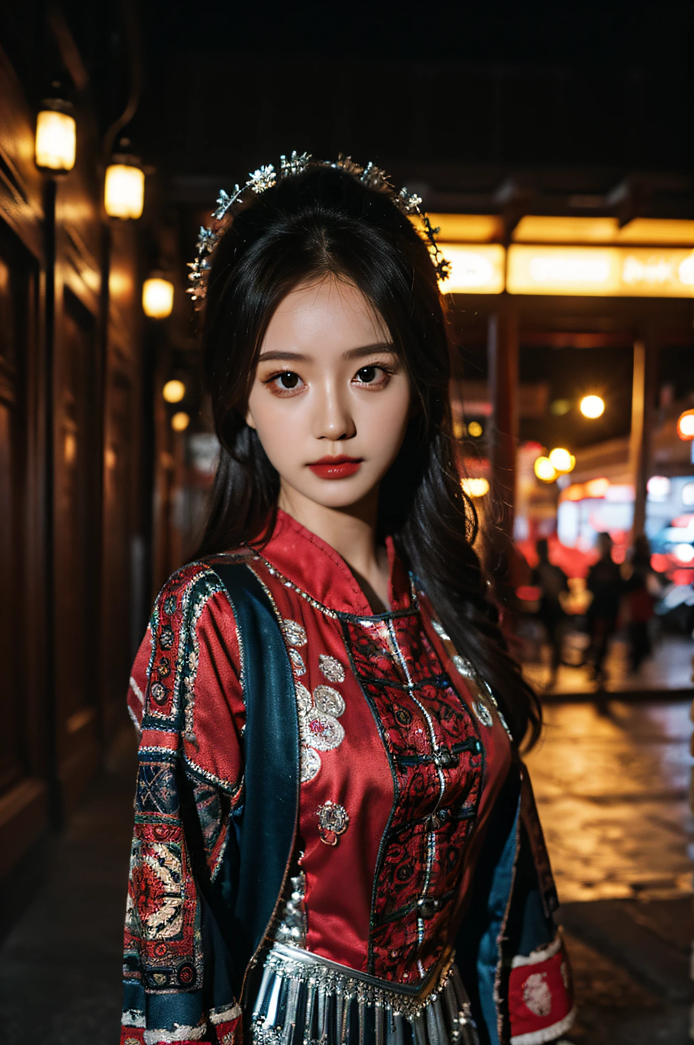 (Hyperrealistic,)4K,35mm,hyper-high detail, Professional lighting, Best quality, Ultra-high resolution, Visually stunning, (1girll:1.3), (HmongCostume),realskin,(Perfect body 1.3)Ultra-delicate face。