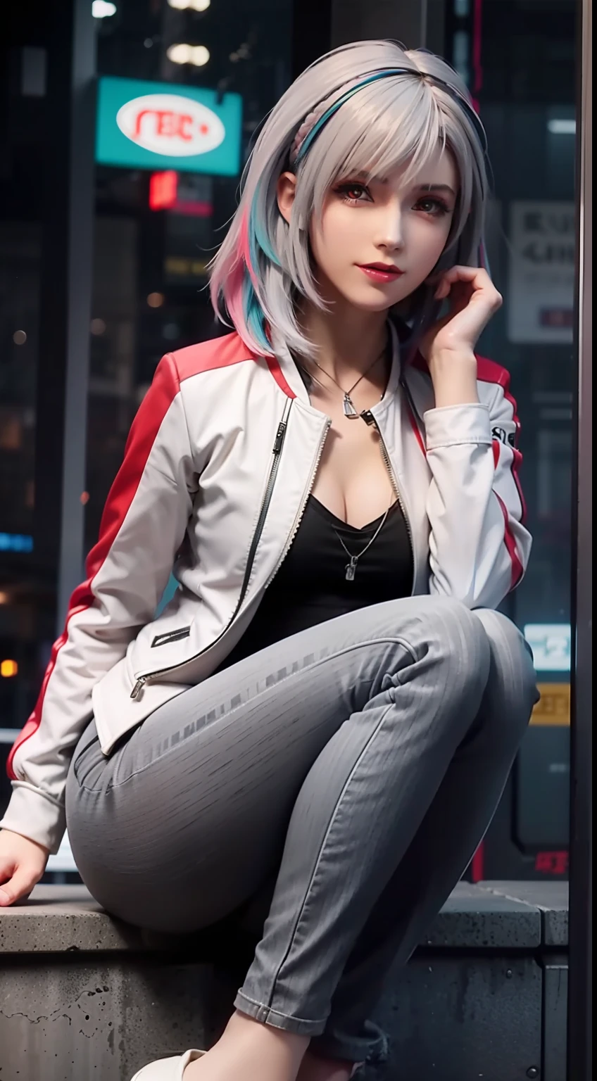 lucy \(cyberpunk\), 1girl, hair scrunchie, hime cut, silver hair, colored tips, full moon, grey eyes, jacket, long sleeves, (looking at viewer), medium hair, multicolored hair, parted bangs, parted lips, pink hair, red eyeliner, red lips, solo, white jacket, cyberpunk \(series\), rainy night in a cyberpunk city with glowing neon lights,from below, (sitting with knees up pose:1.3),(thicc:1.2), perfect body