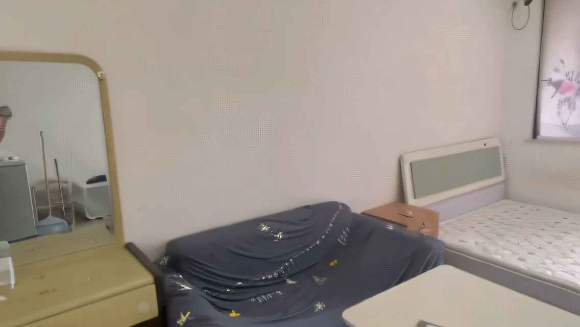 There was a small bed and a small table in the room, in small room, big spatious room, Small room, interior of a small room, Beautiful image, small room in tokyo, low quality video, sitting in bedroom, In a room, furnished room, my home, webcamscrenshot, Whole room, Flat image, 4k post, 4 k post(Do not change the size and color of the parts of the image)