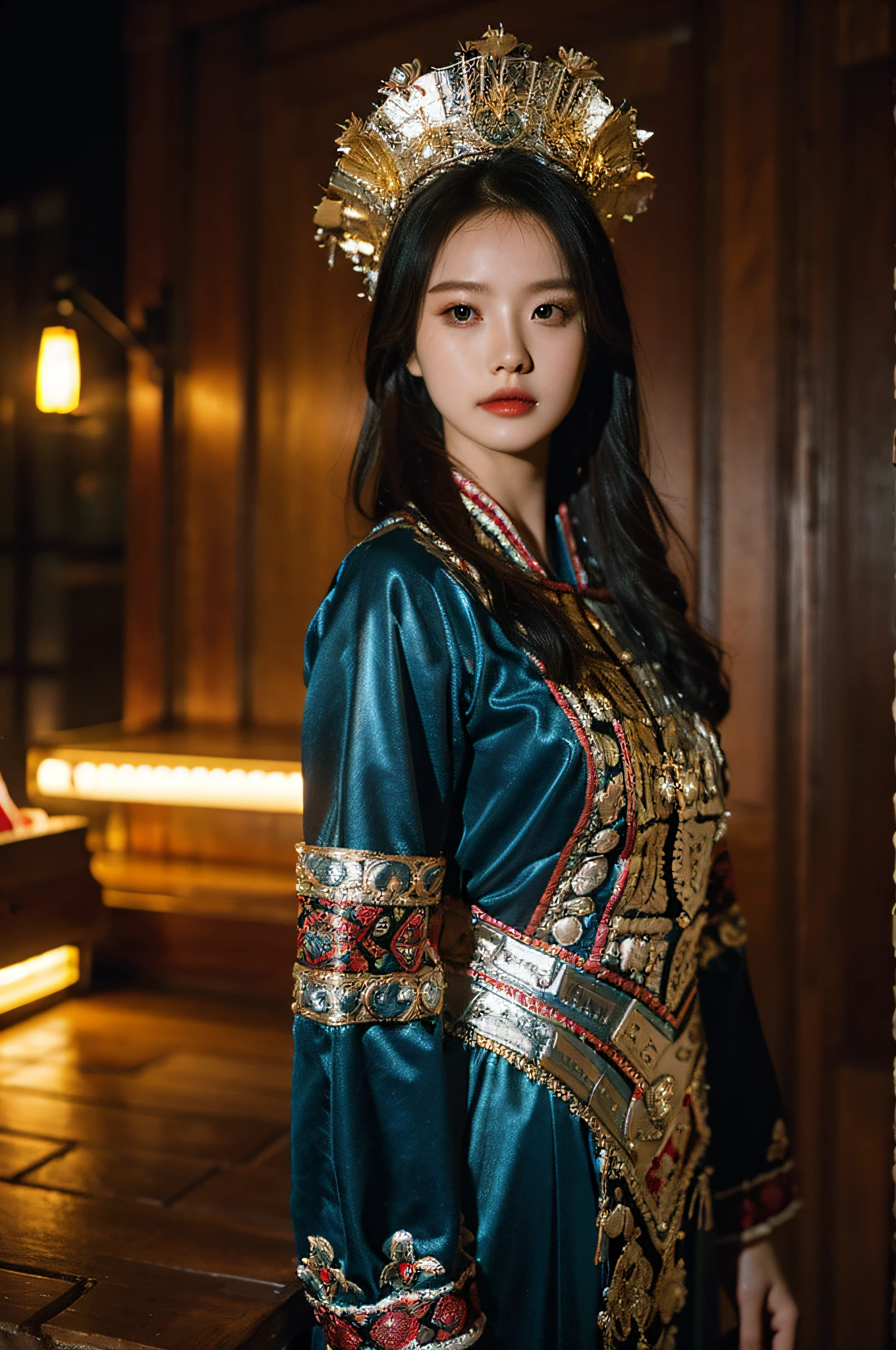 (Hyperrealistic,)4K,35mm,hyper-high detail, Professional lighting, Best quality, Ultra-high resolution, Visually stunning, (1girll:1.3), (HmongCostume),realskin,(Perfect body 1.3)Ultra-delicate face。