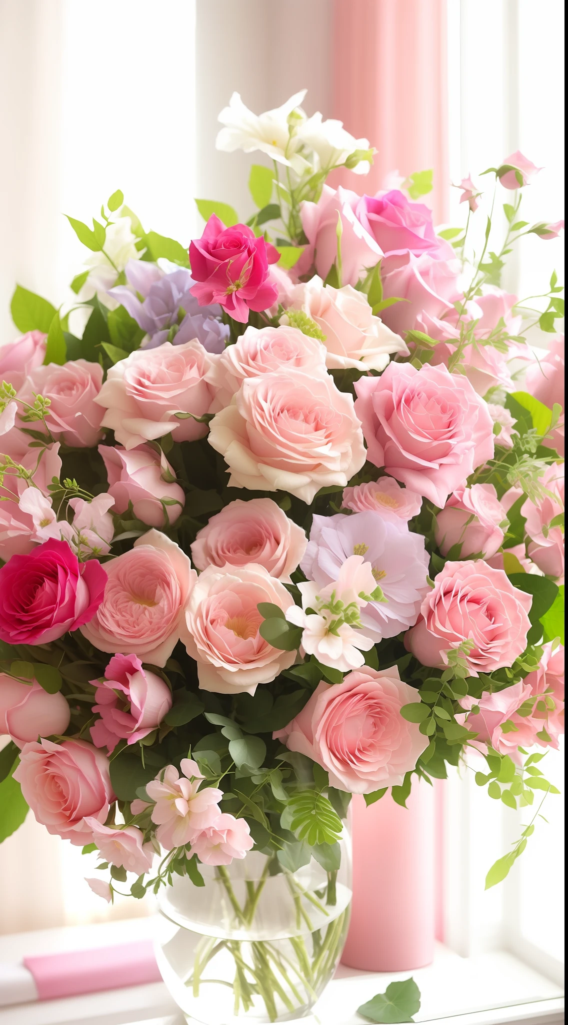 There was a vase of flowers on the table in the room, roses and lush fern flowers, with soft pink colors, Bouquet, Beautiful image, Beautiful flowers, soft flowers, i dream of a vase flowers, summer morning light, shades of pink and blue, Soft blue and pink, Rozen Maiden, sunny morning light, pastel roses, beutifull, big breasts beautiful