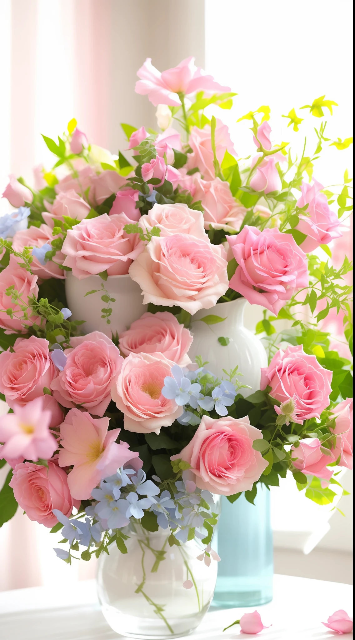 There was a vase of flowers on the table in the room, roses and lush fern flowers, with soft pink colors, Bouquet, Beautiful image, Beautiful flowers, soft flowers, i dream of a vase flowers, summer morning light, shades of pink and blue, Soft blue and pink, Rozen Maiden, sunny morning light, pastel roses, beutifull, big breasts beautiful