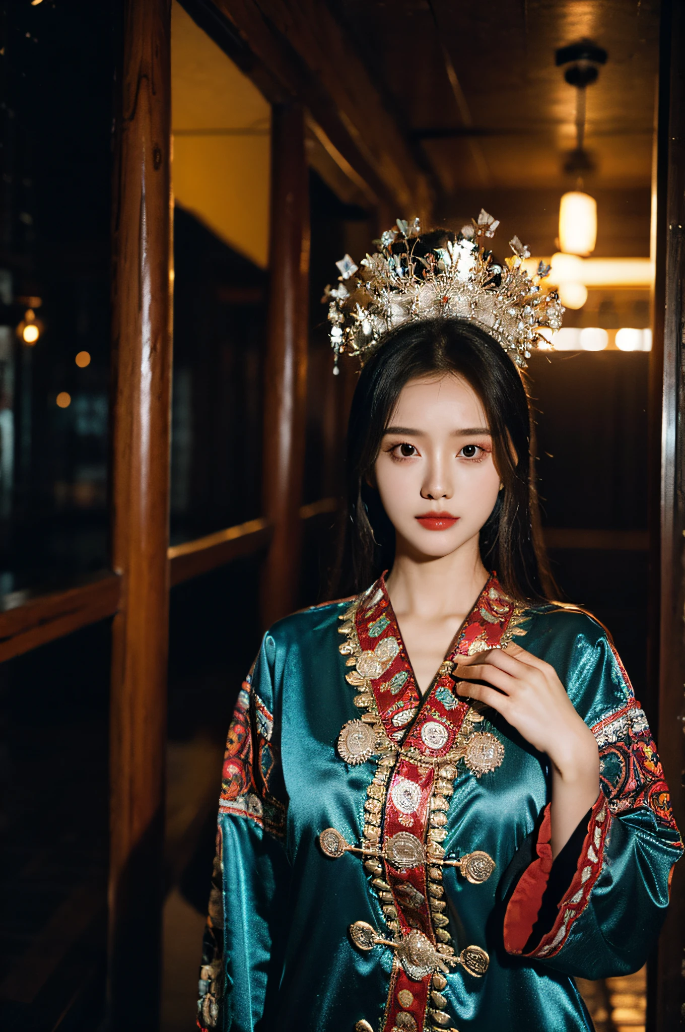 (Hyperrealistic,)4K,35mm,hyper-high detail, Professional lighting, Best quality, Ultra-high resolution, Visually stunning, (1girll:1.3), (HmongCostume),realskin,(Perfect body 1.3)Ultra-delicate face。