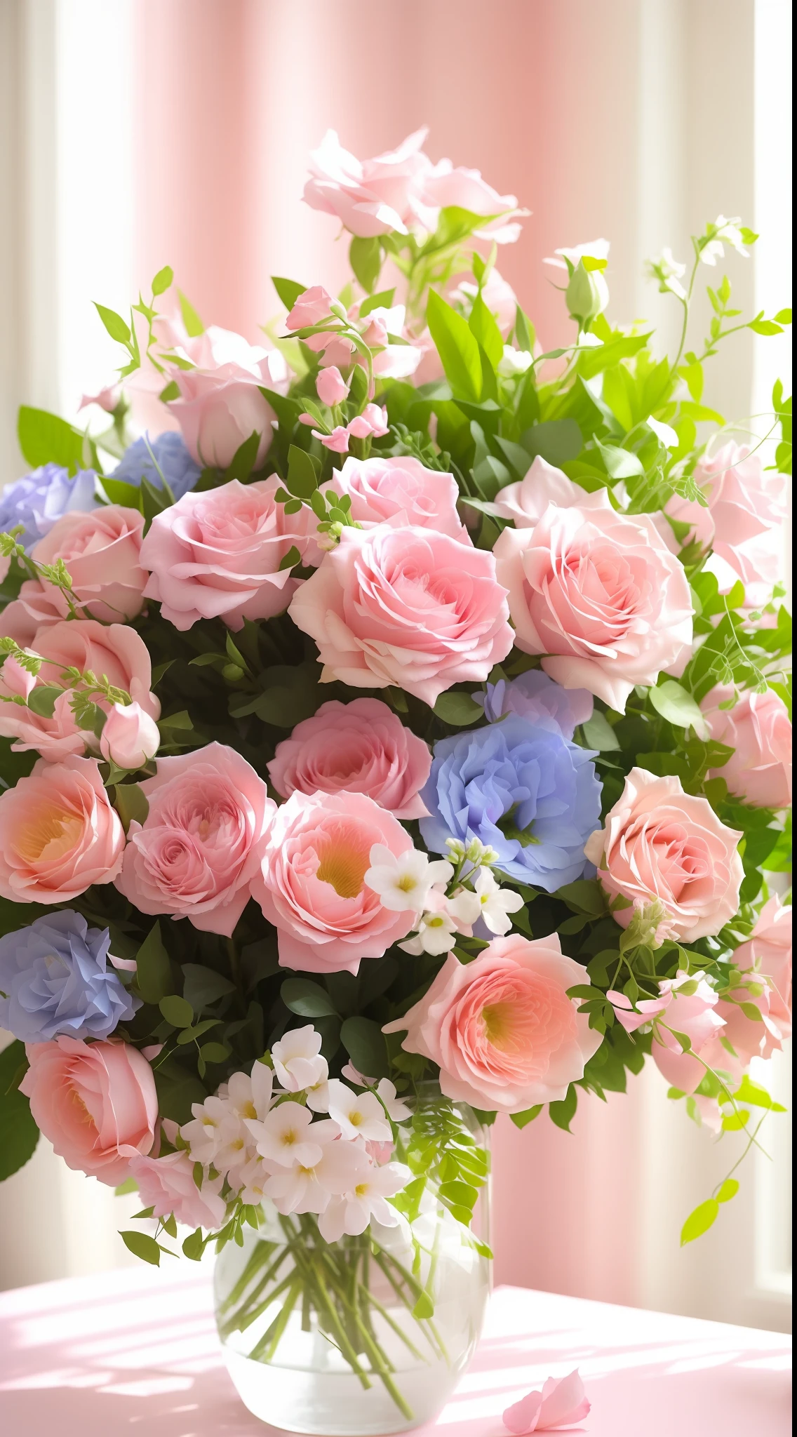 There was a vase of flowers on the table in the room, roses and lush fern flowers, with soft pink colors, Bouquet, Beautiful image, Beautiful flowers, soft flowers, i dream of a vase flowers, summer morning light, shades of pink and blue, Soft blue and pink, Rozen Maiden, sunny morning light, pastel roses, beutifull, big breasts beautiful