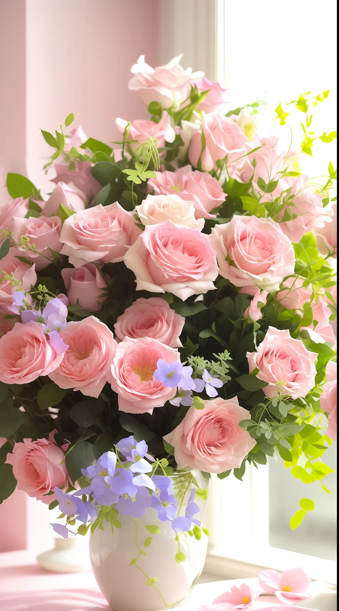 There was a vase of flowers on the table in the room, roses and lush fern flowers, with soft pink colors, Bouquet, Beautiful image, Beautiful flowers, soft flowers, i dream of a vase flowers, summer morning light, shades of pink and blue, Soft blue and pink, Rozen Maiden, sunny morning light, pastel roses, beutifull, big breasts beautiful