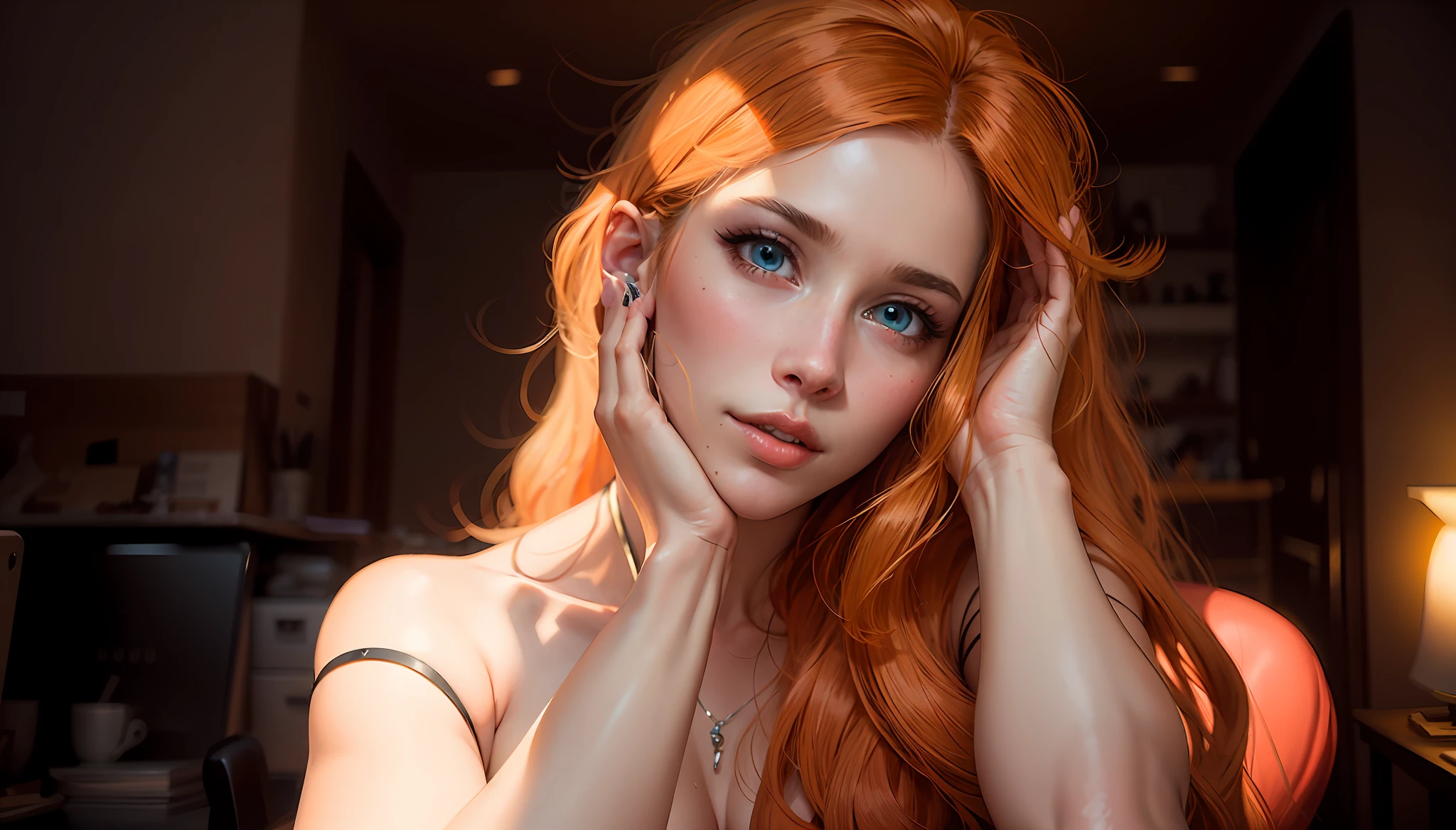 (a white woman with long orange hair posing for a picture:1.1), young and beautiful, sexy girl, with blue eyes, with orange hair, 20 years old, big face, hand on face, big lips, pink lips, perfect nose, hair to the right of the image, (a cute young woman:1.1), very long hair,