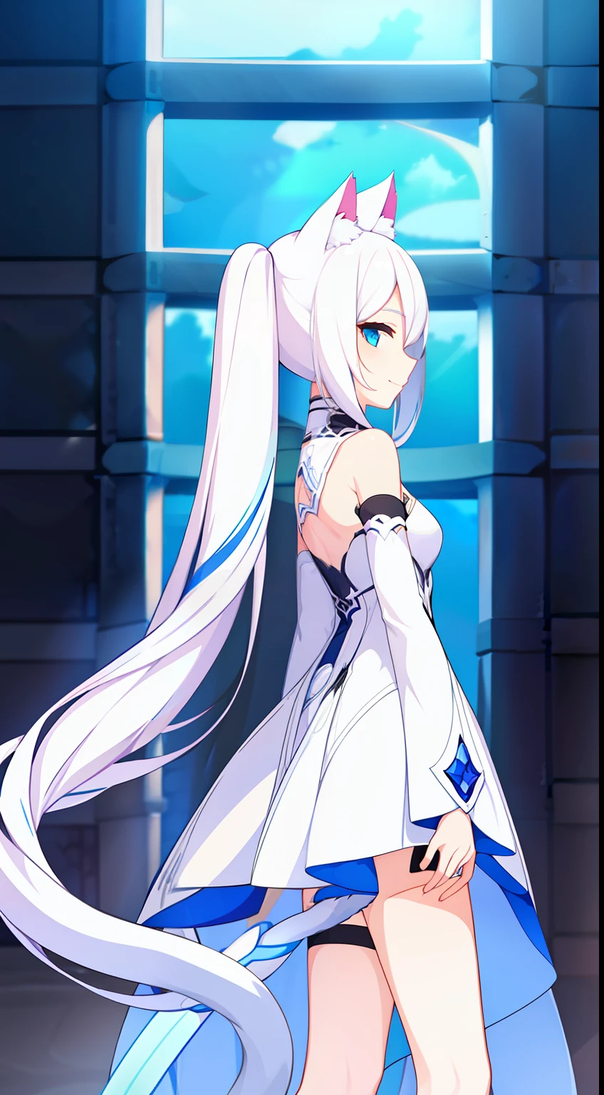 young girl, Long white hair, cat ears, cat tail, blue eyes, Blue luxurious tight dress, ssmile, Masterpiece, hiquality