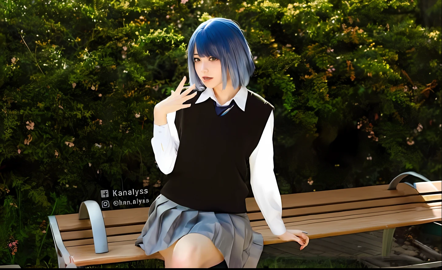 there is a woman sitting on a bench talking on a cell phone, rei ayanami, inspired by Rei Kamoi, anime girl cosplay, anime girl in real life, 2 b, 2b, anime style”, ayanami, anime cosplay, short blue haired woman, fubuki, ayaka cosplay, mayuri shiina from steins gate, hana yata