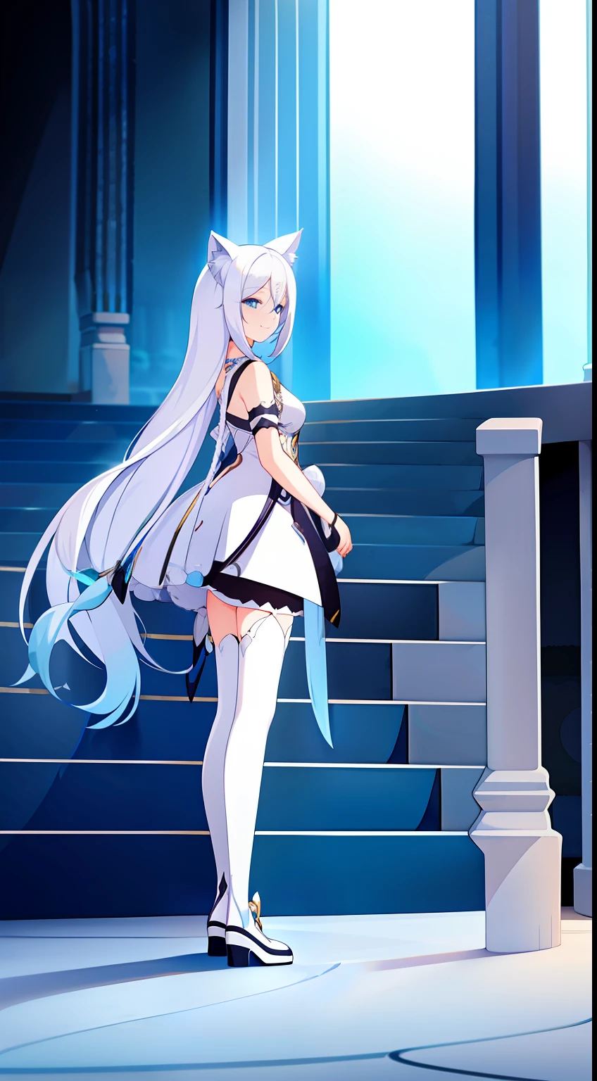 young girl, Long white hair, cat ears, cat tail, blue eyes, Blue luxurious tight dress, ssmile, Masterpiece, hiquality