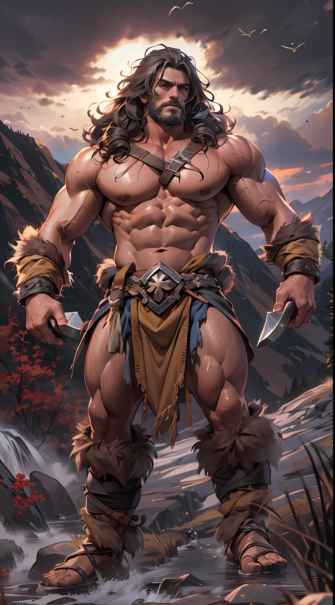 Muscular barbarian, upper body unclothed, legs uncovered from thighs to feet, flowing long curls, detailed muscular physique, lifelike representation, 4K resolution. Background: Wild untamed wilderness with rugged mountains,32k uhd, best quality, masterpiece, super detail, high details