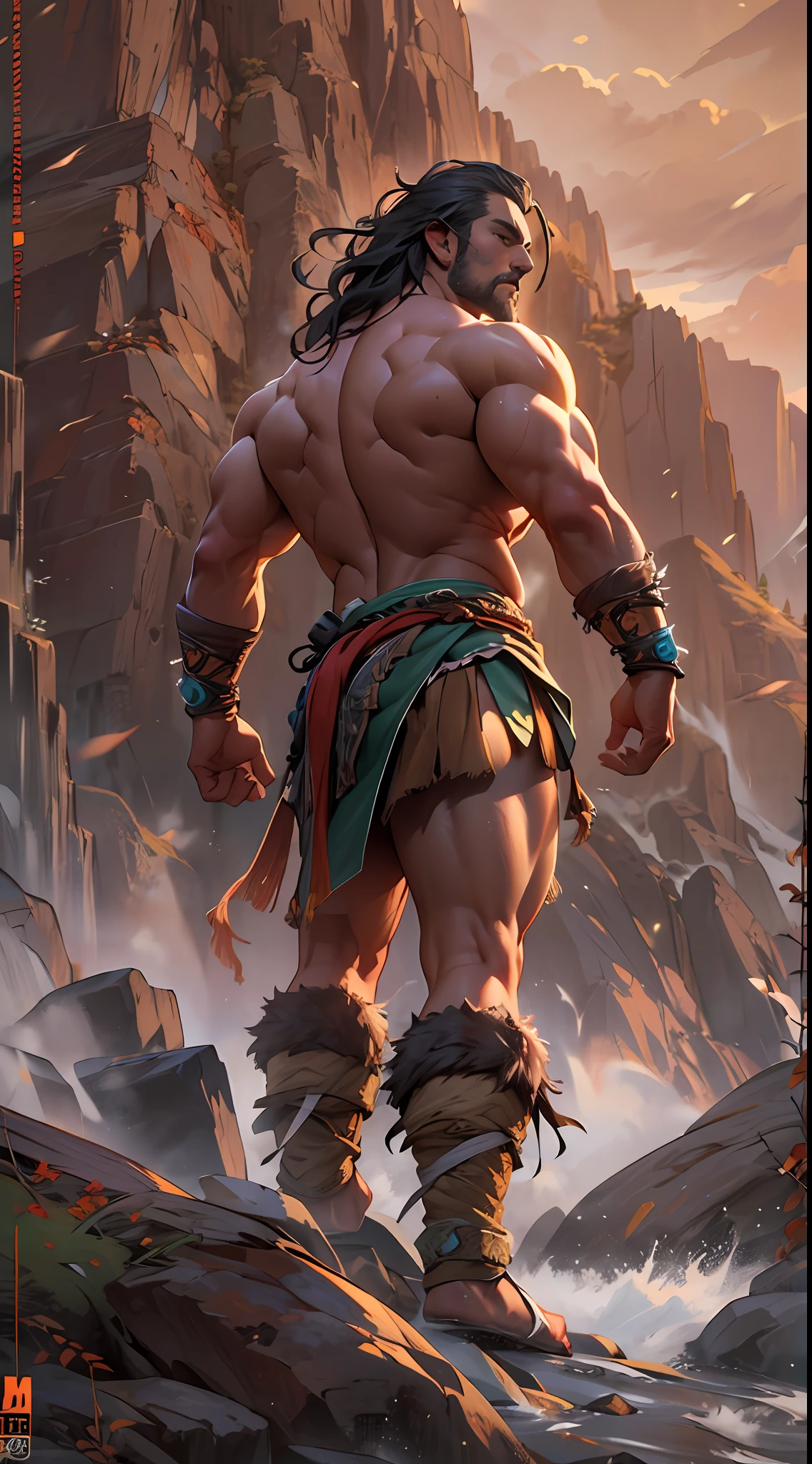 Muscular barbarian, upper body unclothed, legs uncovered from thighs to feet, flowing long curls, detailed muscular physique, lifelike representation, 4K resolution. Background: Wild untamed wilderness with rugged mountains,32k uhd, best quality, masterpiece, super detail, high details