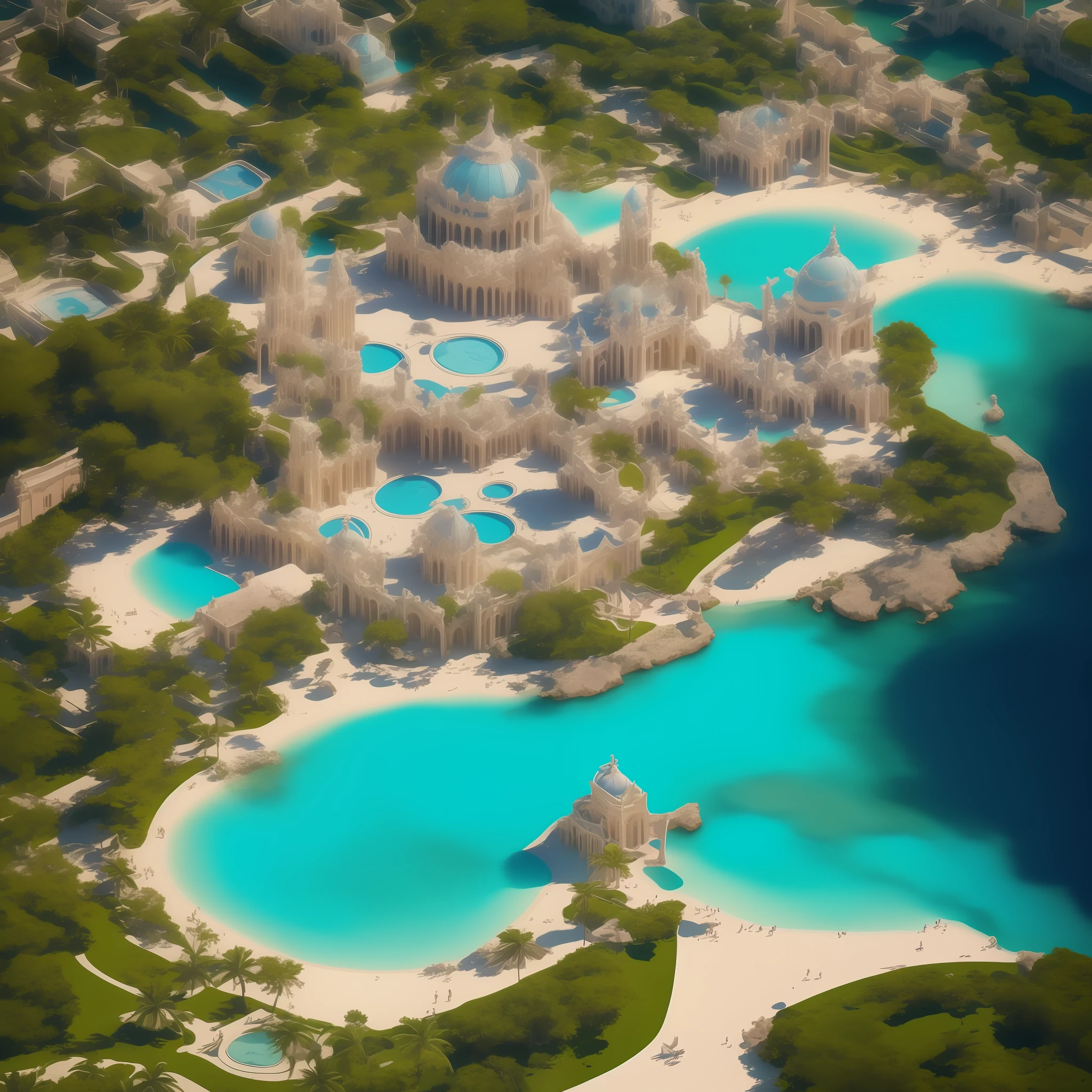 ((Masterpiece)), (((Best Quality))), ((Ultra-Detailed)), (Amazing: 1.1), Beautiful, Nature, Heaven and Earth, Strong Wind, Windswept, Linear Cloud, Light Shot from the cloud , atlantis city, designs an underwater city, surrounded by crystalline waters and bathed in sunlight. It combines classical architecture with natural elements. It highlights a crystalline central dome and meandering water channels. Details in precious stones and ancestral symbols. Exotic and vibrant gardens inside. View from above of several buildings surrounded by the sea. Award Winning Photography, BLN-L24, Exposure, High Contrast, Low Saturation, High Saturation 8k 3D, 2.8F Lens, Aerial View, Cinematic Lighting, Bubble Bujo, Southern Gothic, Gothic ta