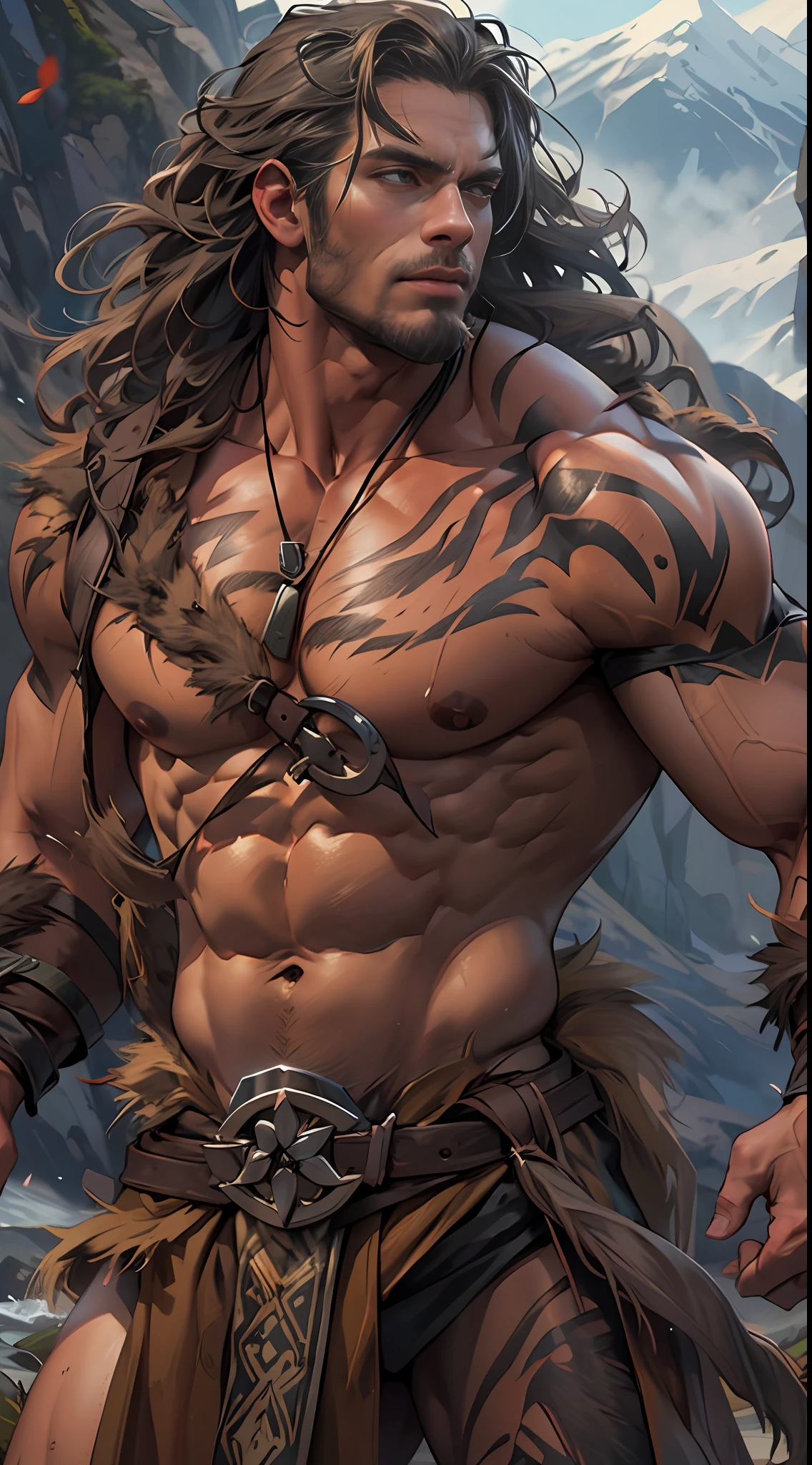 Muscular barbarian, upper body unclothed, legs uncovered from thighs to feet, flowing long curls, detailed muscular physique, lifelike representation, 4K resolution. Background: Wild untamed wilderness with rugged mountains,32k uhd, best quality, masterpiece, super detail, high details