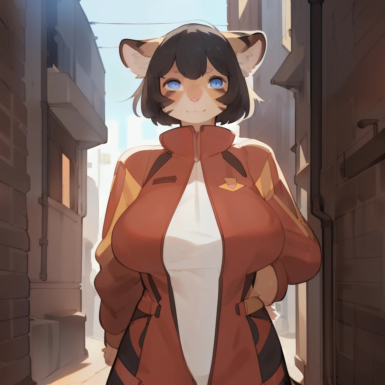 Solo, female, standing, feline, ((pink nose, tan fur, black stripes)), black hair, short hair, fringe, indigo eyes, alleyway, facing viewer, (((by bebebebebe, by spuydjeks))), ((by spikedmauler)), big breasts, red military spacesuit