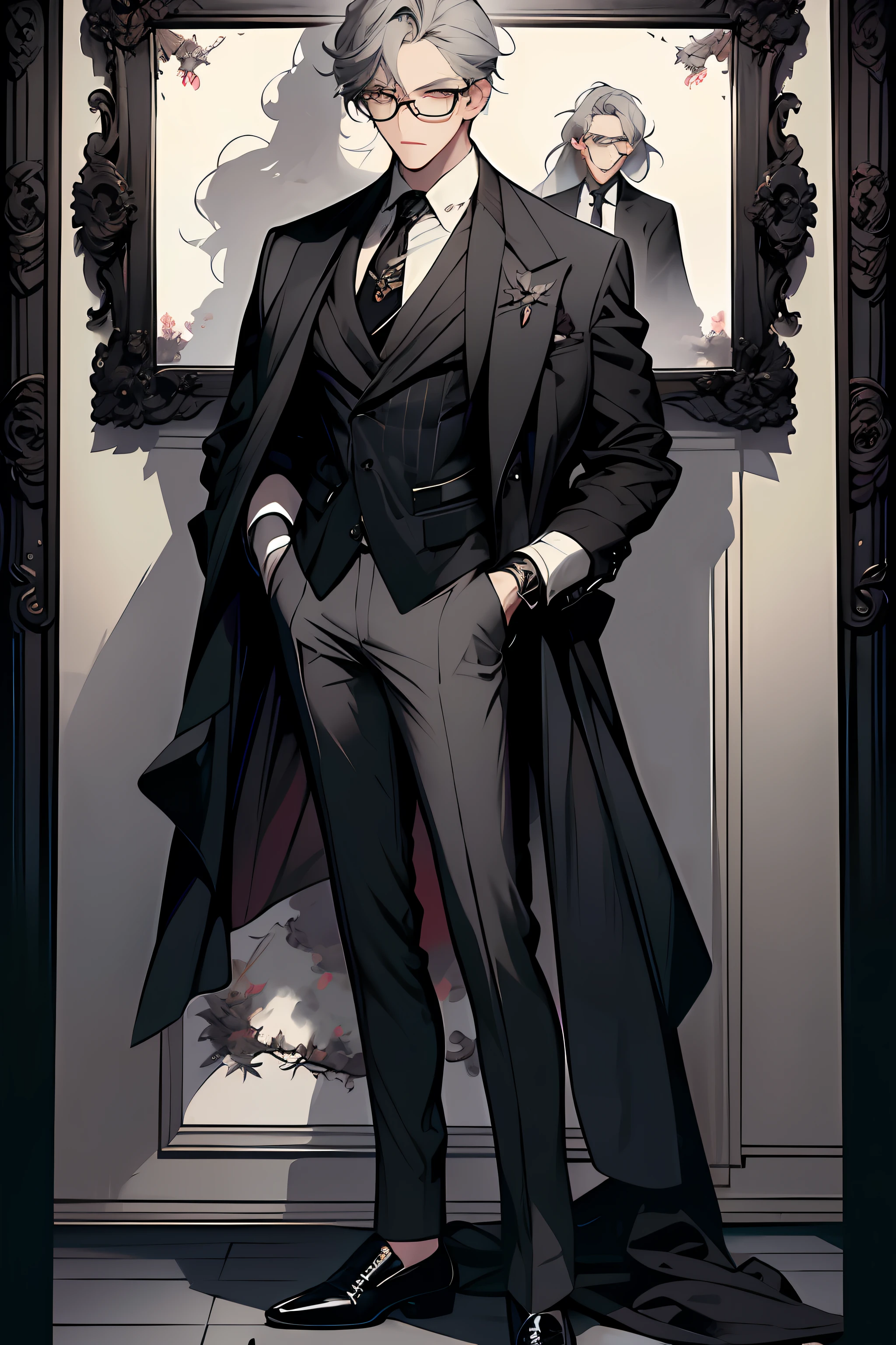 hyper-high detail，light grey hair，Black framed glasses man，Wearing a gorgeous black suit，Black leather shoes，A black blazer is draped over the body，Full body standing painting，DIABOLIK LOVERS PAINTING STYLE，Wears a gray vertical striped shirt and tie，Handsome looking anime characters, official character illustration, quadratic element