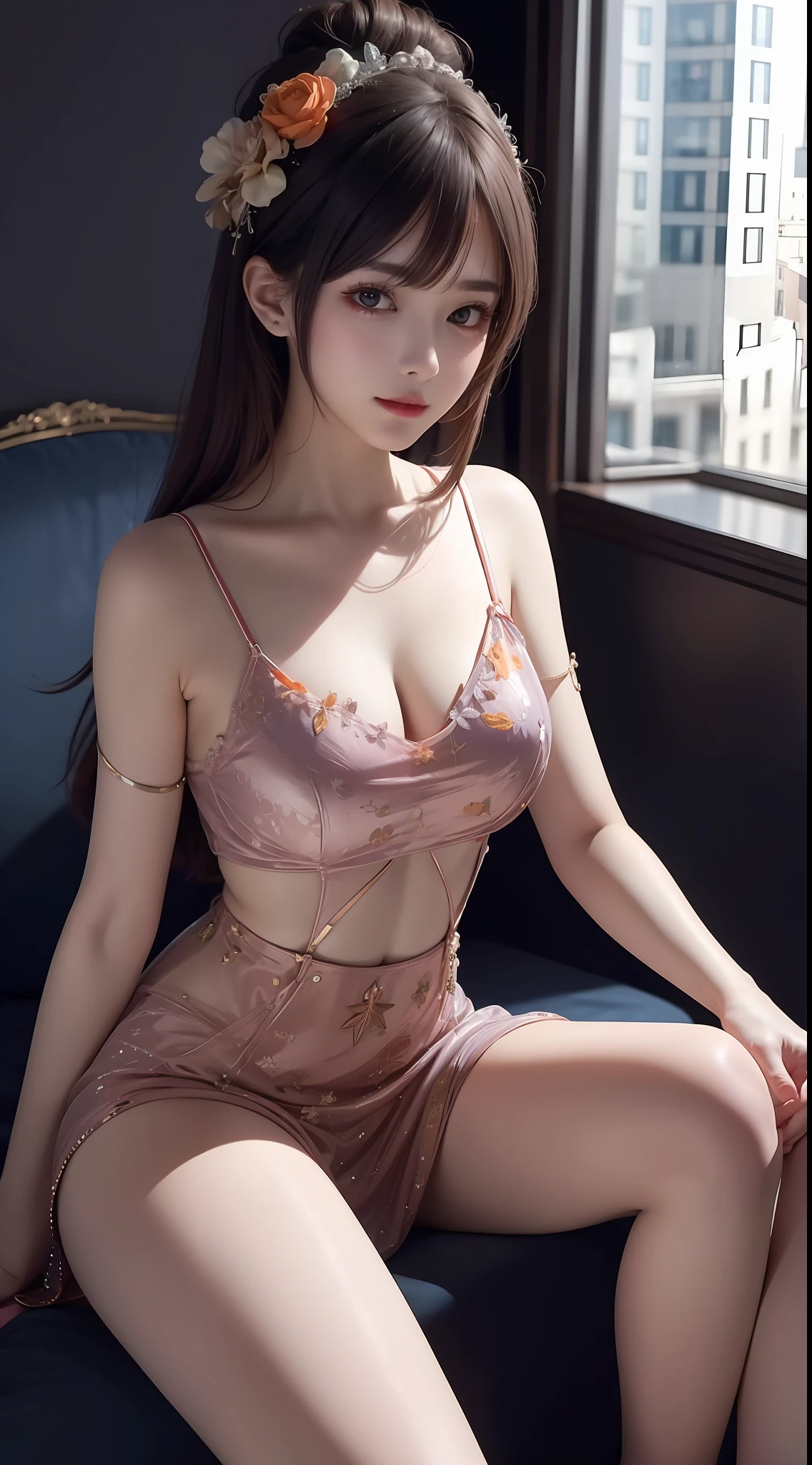 8K uhd, materpiece, a beautiful girl, detaild eye, good face, detaild eyebrow, party outfit, orange purple outfit, shining, diaco lighting, sitting, whole body capture,