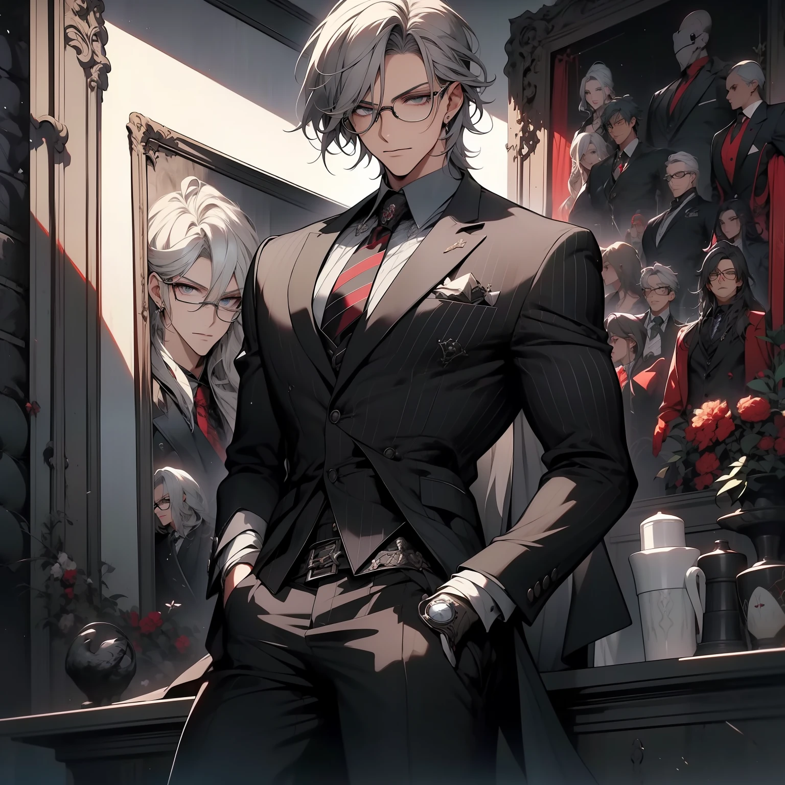 hyper-high detail，light grey hair，Black framed glasses man，Wearing a gorgeous black suit，Black leather shoes，A black blazer is draped over the body，Full body standing painting，DIABOLIK LOVERS PAINTING STYLE，Wears a gray vertical striped shirt and tie，Handsome looking anime characters, official character illustration, quadratic element