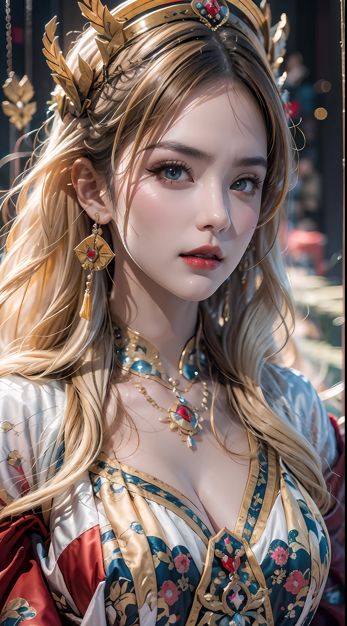 portrait of a beautiful 20 year old holy woman, wearing a thin multicolored silk dress, beautiful face without blemishes, ((natural smile:0.3)), ((7-color hair length:1.2)), big crown, hair brooch, hanfu dress, chinese ancient style, full body jewelry, forehead tattoo, super even chest, face, red lips, delicate pink and white eyes (white and detailed) cinematic, light and dark, dramatic lighting, magical light, extremely detailed light, true color, super sharp, realistic, 8k quality, fantasy universe background, saints and magical space, the most detailed images,