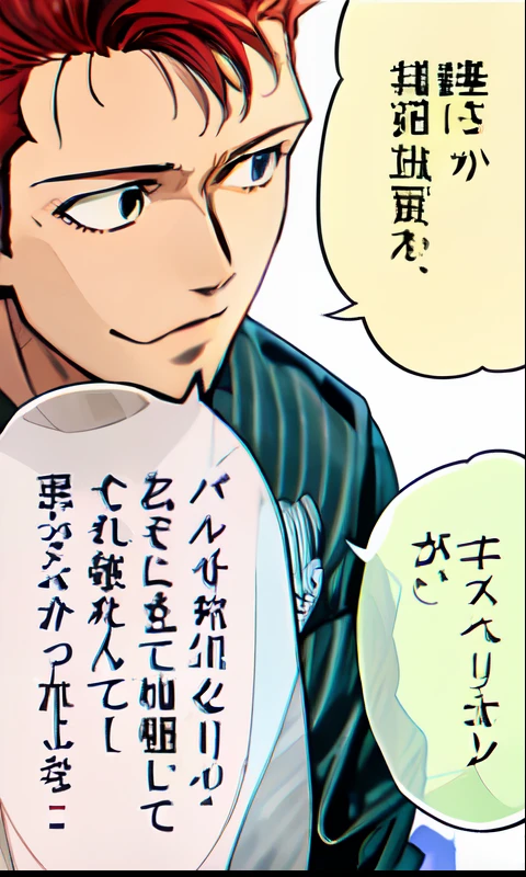 a anime of a boys manga, red hair color, smile, jacket, text speech manga, color manga, manga color, color manga, color manga panel, simple background
