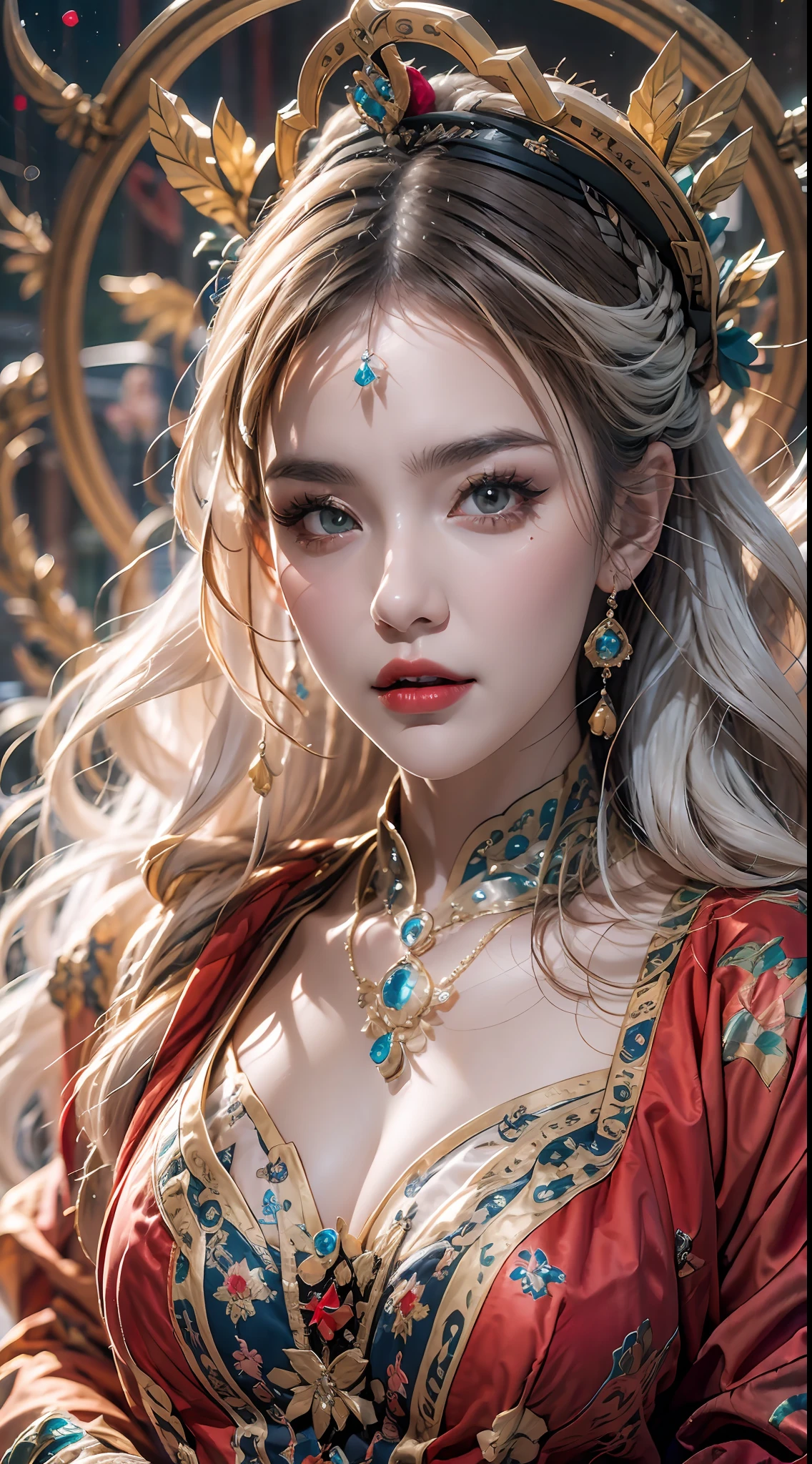 portrait of a beautiful 20 year old holy woman, wearing a thin multicolored silk dress, beautiful face without blemishes, ((natural smile:0.3)), ((7-color hair length:1.2)), big crown, hair brooch, hanfu dress, chinese ancient style, full body jewelry, forehead tattoo, super even chest, face, red lips, delicate pink and white eyes (white and detailed) cinematic, light and dark, dramatic lighting, magical light, extremely detailed light, true color, super sharp, realistic, 8k quality, fantasy universe background, saints and magical space, the most detailed images,