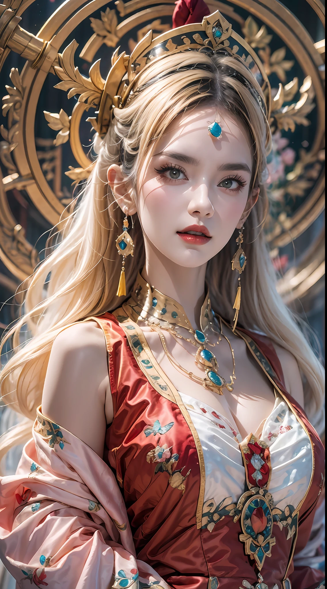 portrait of a beautiful 20 year old holy woman, wearing a thin multicolored silk dress, beautiful face without blemishes, ((natural smile:0.3)), ((7-color hair length:1.2)), big crown, hair brooch, hanfu dress, chinese ancient style, full body jewelry, forehead tattoo, super even chest, face, red lips, delicate pink and white eyes (white and detailed) cinematic, light and dark, dramatic lighting, magical light, extremely detailed light, true color, super sharp, realistic, 8k quality, fantasy universe background, saints and magical space, the most detailed images,