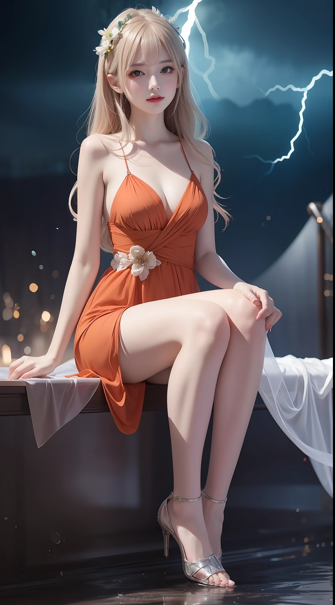 8K uhd, materpiece, a beautiful girl, detaild eye, good face, good skin, beautiful dress, orange dress, party dress, fantacy, shining, dim lightning, sitting, whole body capture,