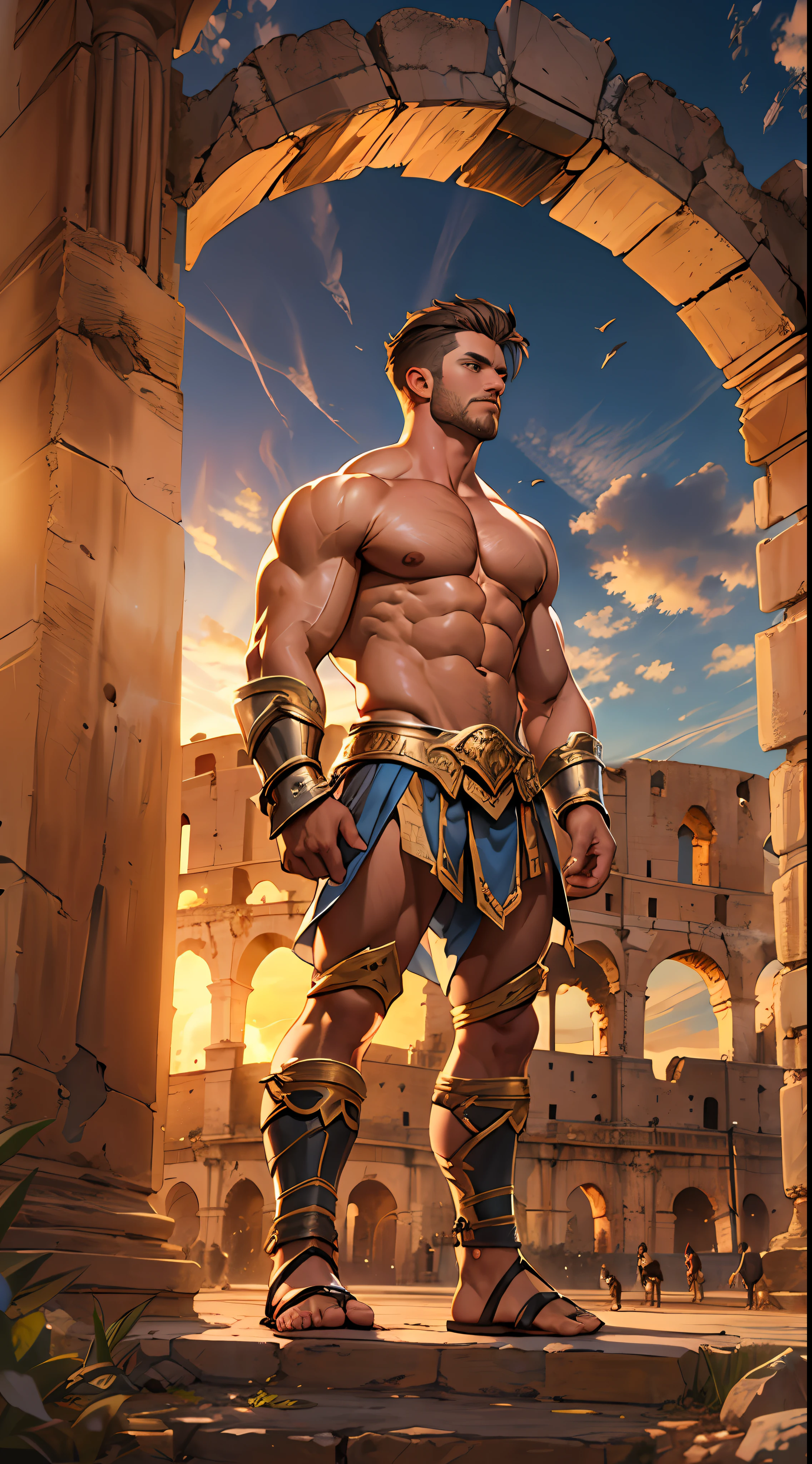 Mighty gladiator, chest uncovered, lower body revealed from thighs to feet, cascading long curls, detailed muscular physique, lifelike depiction, 4K resolution. Background: Colosseum during a spectacular sunset,32k uhd, best quality, masterpiece, super detail, high details