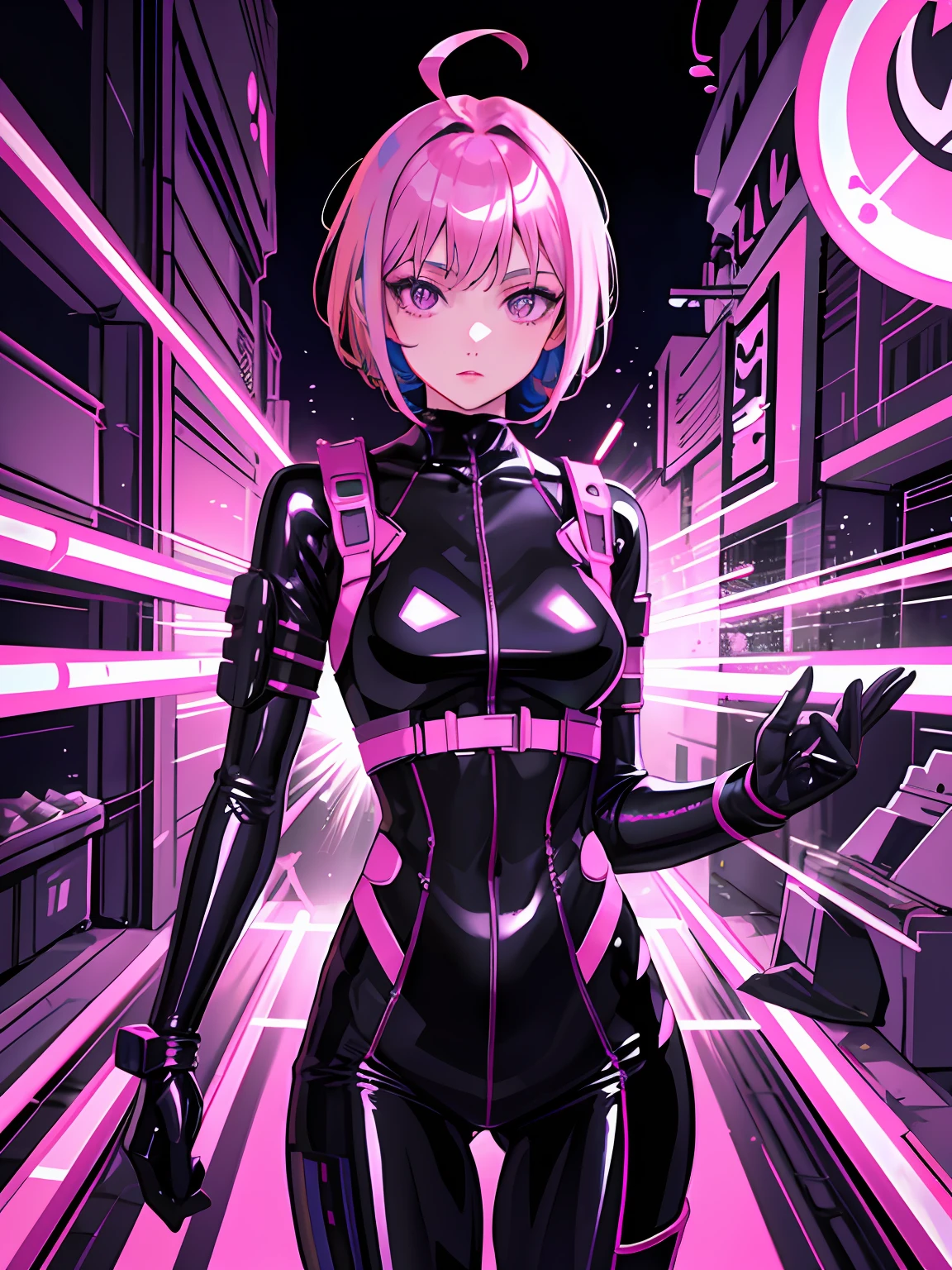 ((Masterpiece, Best quality)), (1girll), (Solo), (female focus), (ahoge, pink hair, Short hair), high tech gas mask, Purple eyes, high tech shinny black latex catsuit, Neon light, Dark cyberpunk city background, Stand cross-waist