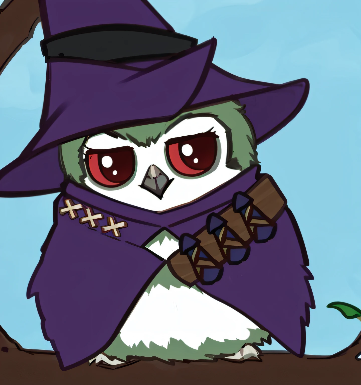 Cartoon owl sitting on a branch in witch costume, owl wizard, Sad wizard, The Great Wizard in a Hat, the wisest of all owls, hagrid in cute anime style, sorceress woman, evil wizard, Evil Tree Wizard, owlbear, cute chibi rat wizard, scarry but bewitching, Failed wizard Chavik, cute owl