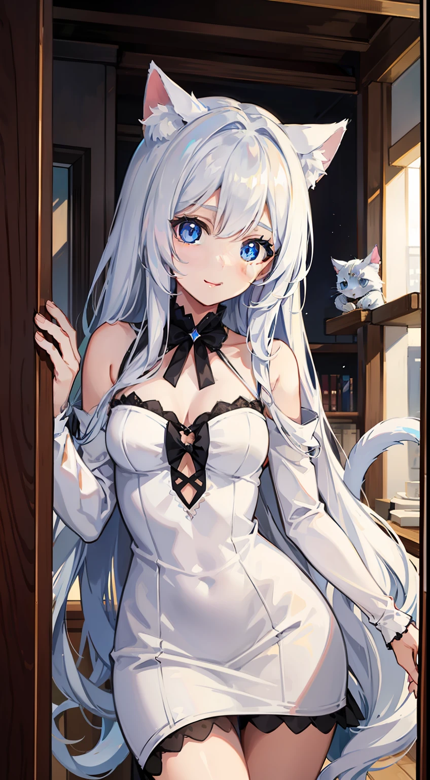 young girl, Long white hair, cat ears, cat tail, blue eyes, Blue luxurious tight dress, ssmile, Masterpiece, hiquality