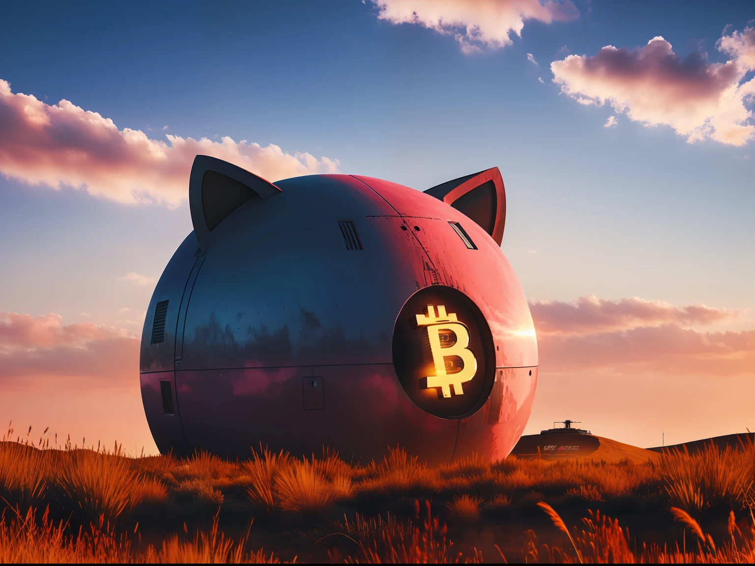 A huge work of art sitting in the middle of a field, Inside the head of a mechanical cat, pink clouds background, metal cat ears and glowing eyes, giant crypto vault, Promotional image, Trance, Bank, standing in wasteland, Kaats,