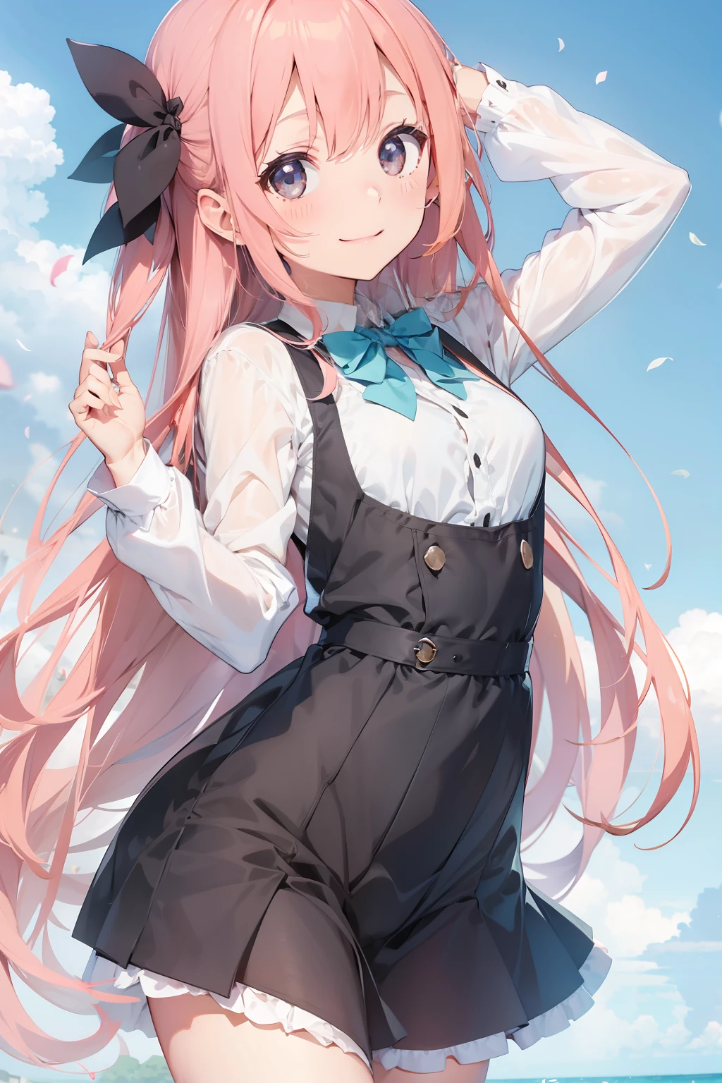 rays of sunshine、A girl smiles、I have a tall stretch、A lot of petals are flying、Wearing fashionable black clothes、