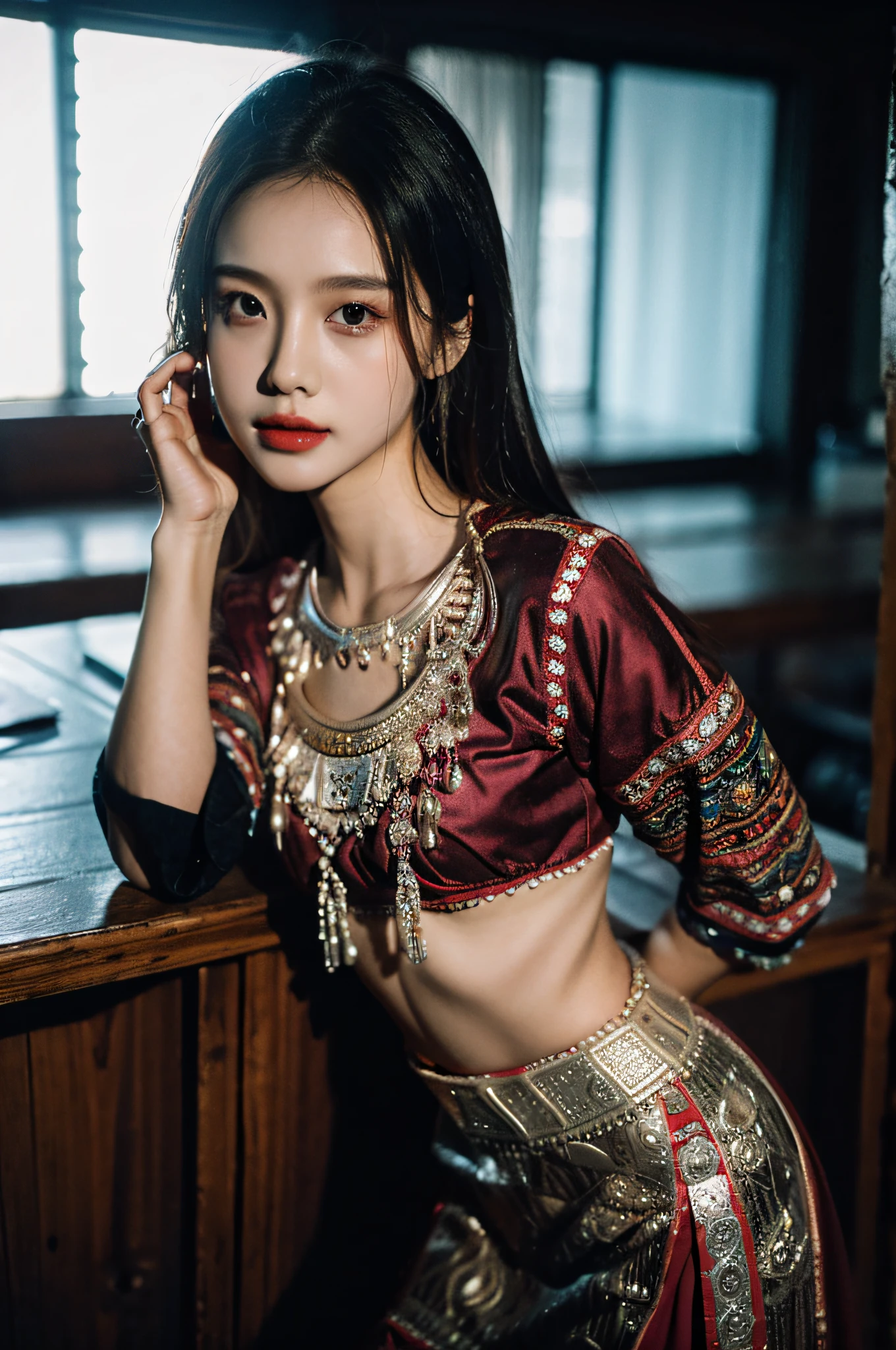 （Hyperrealistic,）4K,35mm，hyper-high detail, Professional lighting, Best quality, Ultra-high resolution, Visually stunning, (1girll:1.3),  （HmongCostume）,realskin,（Perfect body 1.3）Ultra-delicate face。