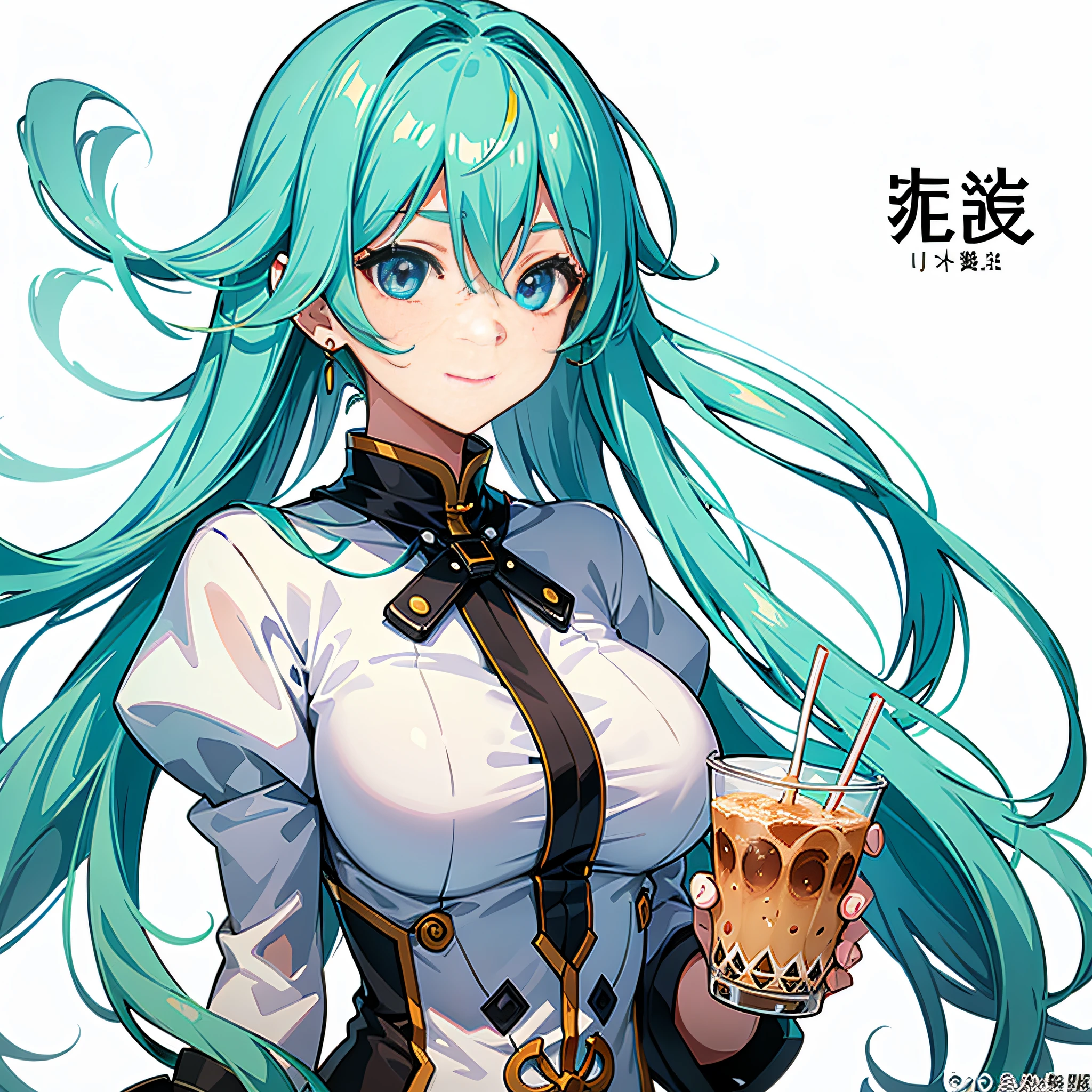 1个Giant Breast Girl,Long flowing hair,neon colored,Drink a cup of milk tea,Outdoor background,Close-up of faces,Charming eyes,watered eyes,Smile in front of the camera。