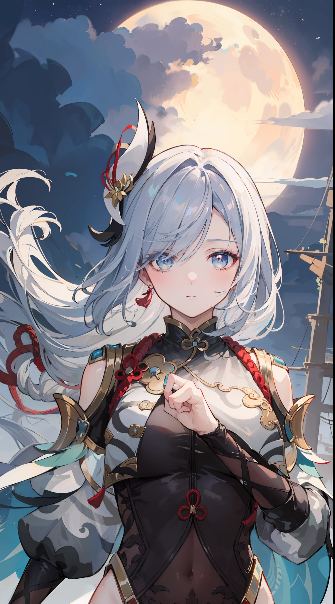 shenhedef, upper body, serious expression, blush, outdoors, night, futuristic town, dark moon sky, short hair, sky, looking at viewer, mountain, moody lighting, (perfect detail eyes:1.2), glowing eyes, (long hair one braid:1.2),
(Masterpiece, Best Quality, High Quality:1.4), professional artwork, Intricate Details, field of view, sharp focus, detailed painting, photorealistic lighting, trending on pixiv, (vivid lighting, vibrant colors:1.05), realistic shadows, ambient occlusion,