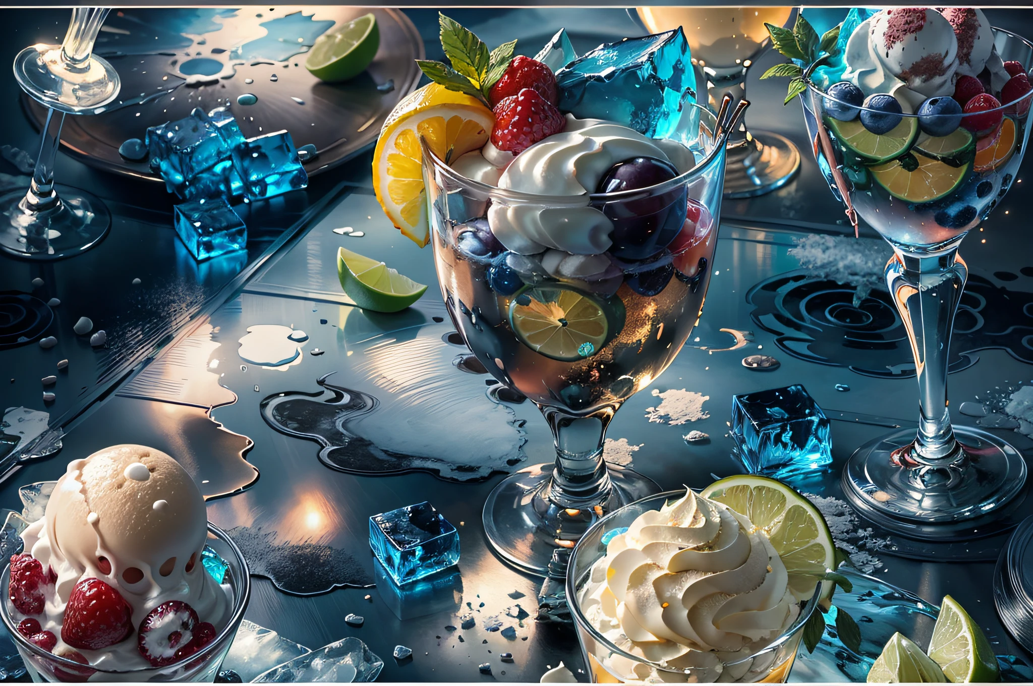 (Masterpiece), (intriciate detail), (Photorealistic:1.3), no human, (Ice cream in old-fashioned champagne glasses), universe, blue theme, Black background, Ice pile, A variety of fruit slices, Cinematic light, simple background layout,