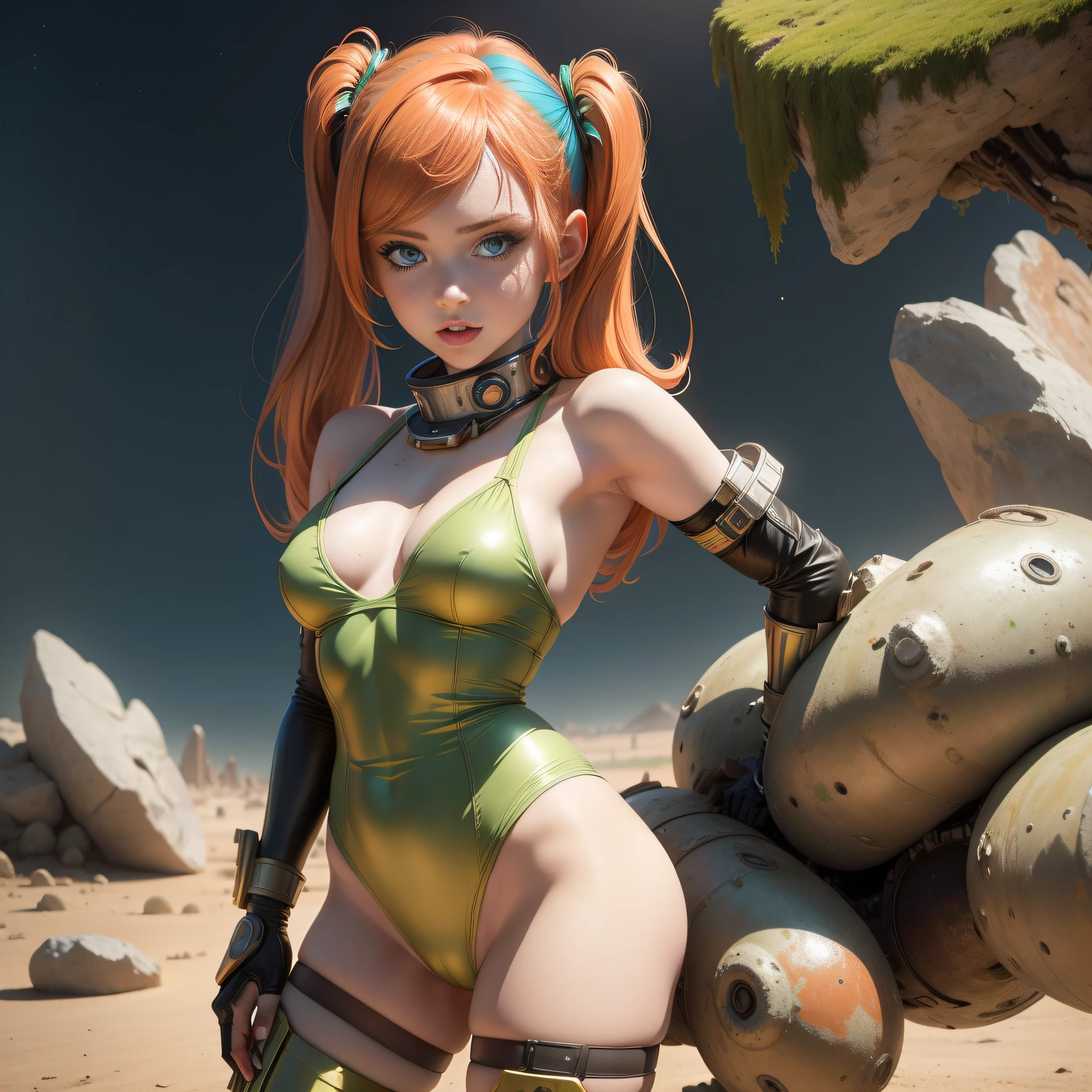 ((Barbarella)), 1 girl, solo, cute redhead 18-year-old girl in twin tails, ((perfect female body)) multiple rainbow colored hair, perfect detailed blue eyes, happy, Ukrainian, petite, pale skin, wearing a green metallic color bikini, pantyhose, post apocalyptic background, bleak barren desert, photo realistic.