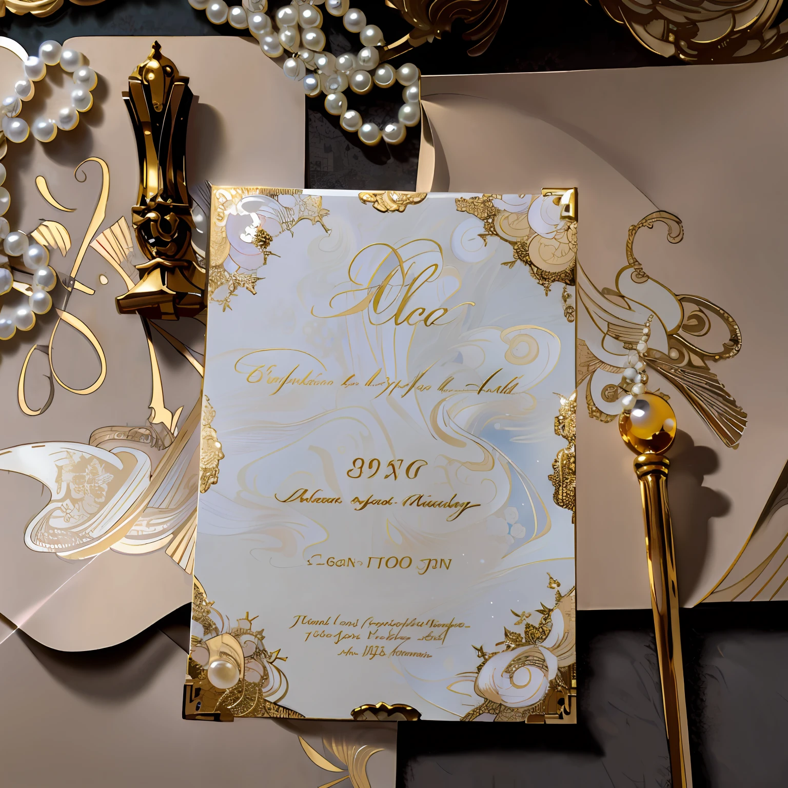 Golden envelope, gold， anime beautiful peace scene， art work, ethereal fairytale, Dreamy atmosphere, Sit in a gilded envelope，There are pearls next to it, white and gold color scheme, romanticism art style，higher details