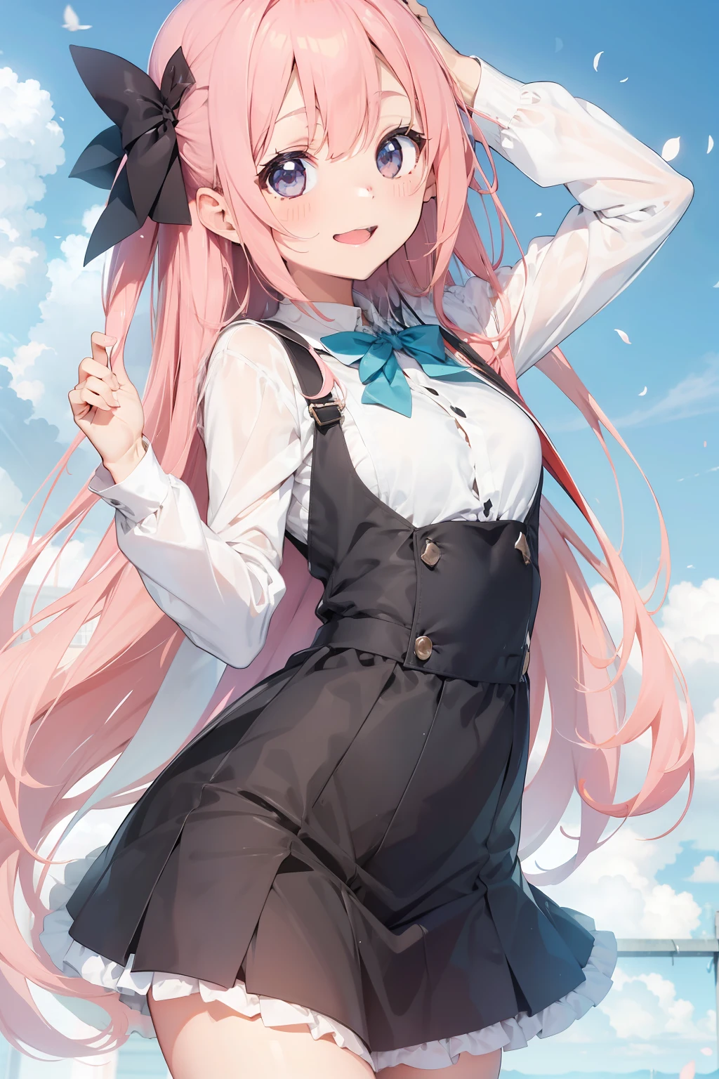 rays of sunshine、A girl smiles、I have a tall stretch、A lot of petals are flying、Wearing fashionable black clothes、