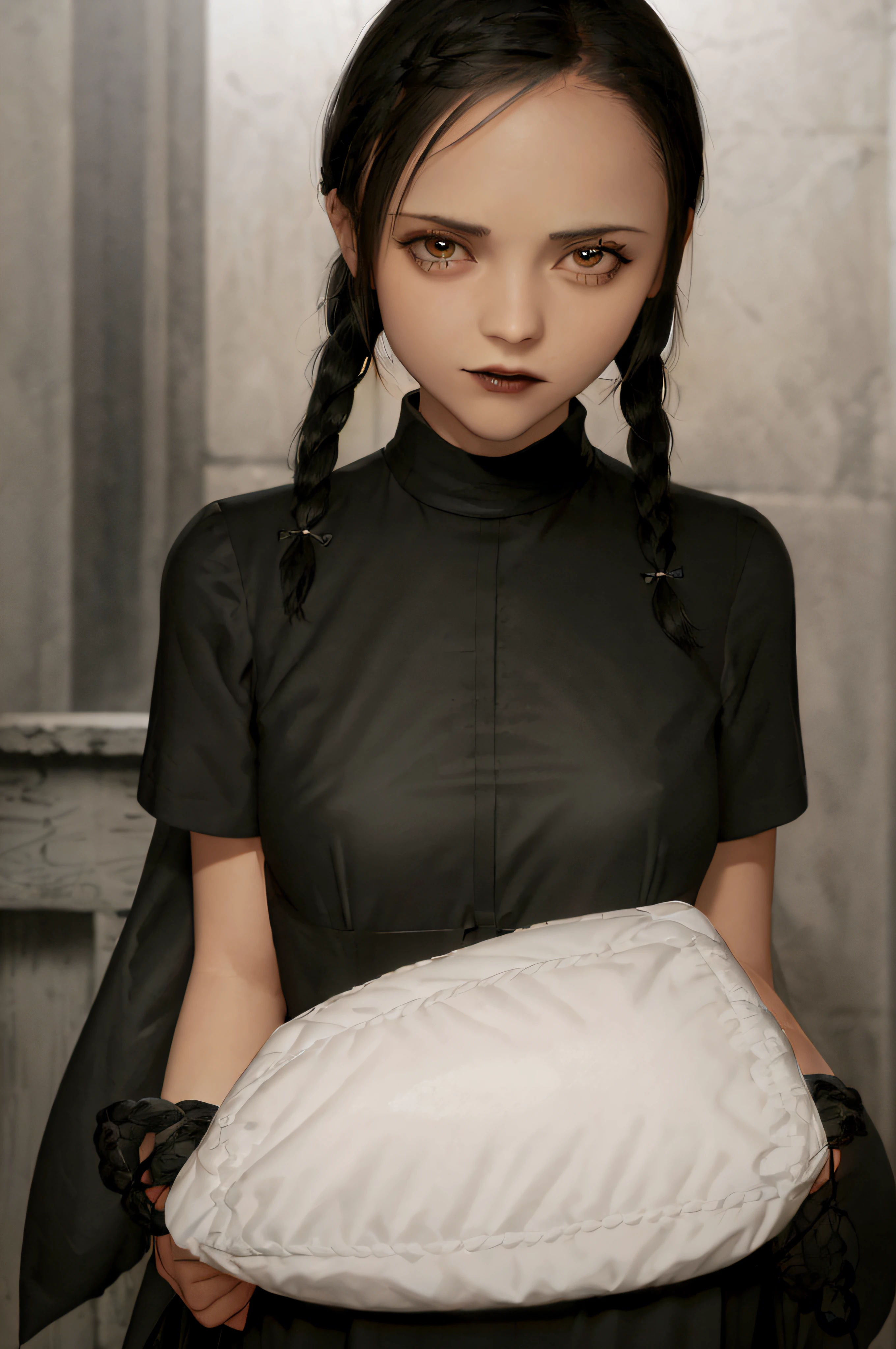 an extremely detailed digital illustration, high resolution, masterpiece, of Chr1st1naR1cc1 as Wednesday Addams, black hair, (twin braids:1.2), ,
long hair, looking at viewer, (((black shirt))), ((white collar)), bangs, black eyes, grumpy face, from above,
chubby, (((black gothic dress))), at night, dark ambient lighting, , wednesday addams, lightning