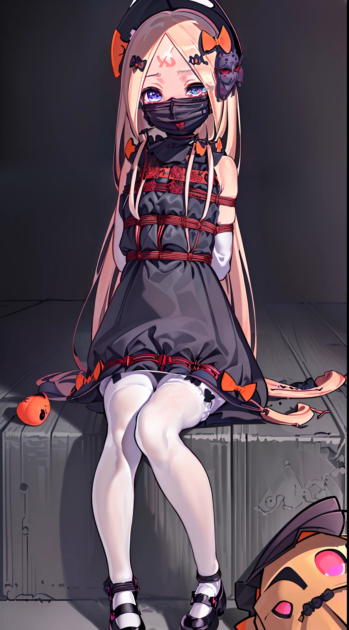 ((Masterpiece)),((Best quality)),((offcial art,Extremely detailed Cg Unity 8K wallpaper)),((Huge_filesize)),gaming console_CG,((Solo)),(((Abigail Williams))),Blue eyes,kawaii,(((Blush))),Sad,((Tears)),Hat,((Black dress)),(((White pantyhose))), (((mary_janes))), (((Arms_Behind_back))),((Cord)),((((shibari)))),((((mouth mask)))),