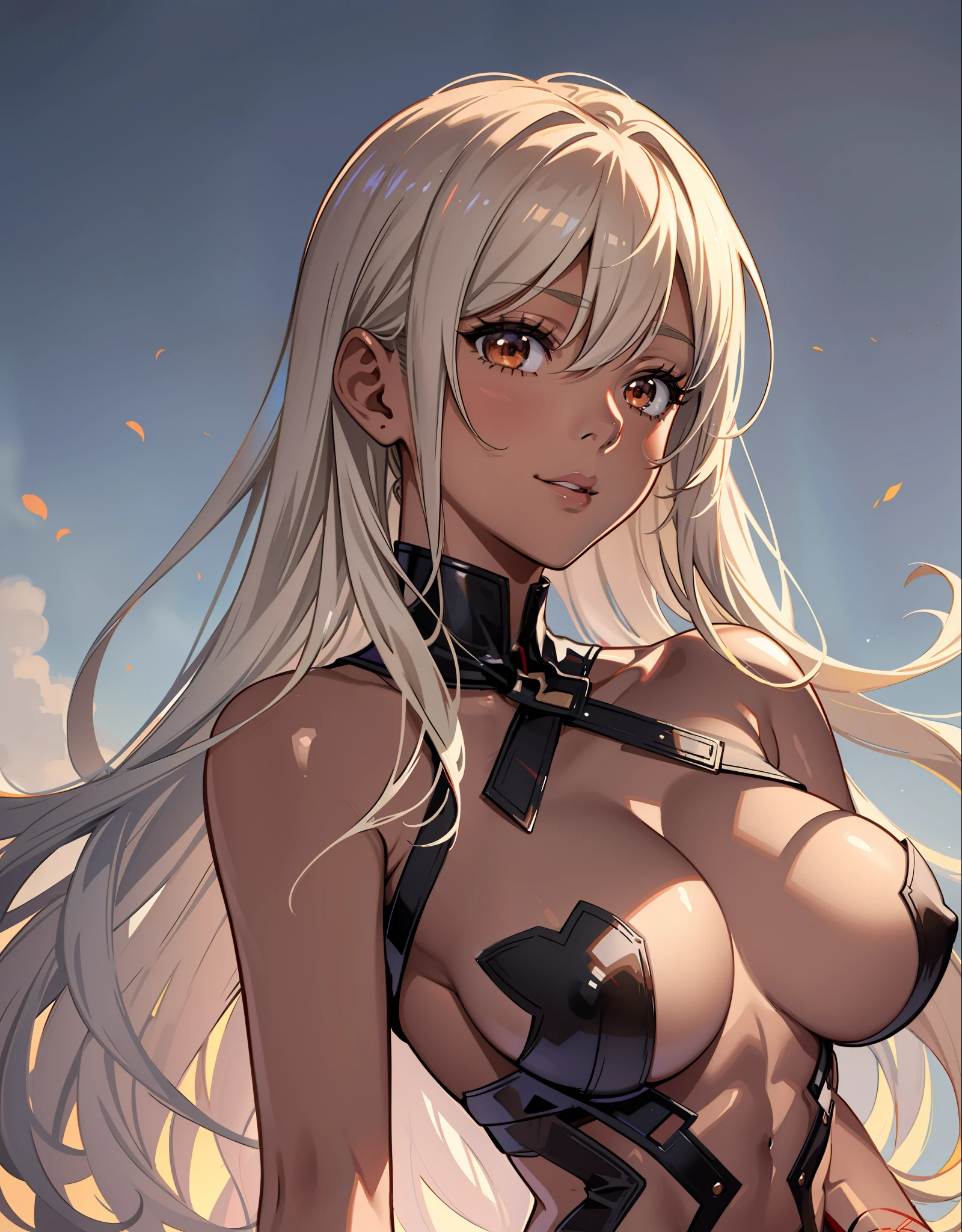 ((((masutepiece、top-quality、Brown-skinned、Long body、large full breasts、Brown skin color、perspiring、fullnude、fullnude、ssmile、Silvery hair、Lively、))))、Silvery hair、red eyes、(((Pose with emphasis on the chest,)))、(((((Brown skin、Brown-skinned、Beautiful abs、long legged))))),((sun burn)),Whole human body、(((Shyness)))、Realistic skin type、an anime girl、Detailed Digital Anime Art、A seductive anime girl、extremely detailed art germ、a hyperrealistic schoolgirl、Ilyakukvshinov、Smooth Anime CG Art、Ultra Realistic Woman、ig model、ArtGerm、Photorealistic anime girl rendering、digital anime art